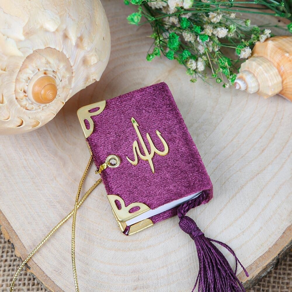 Mini Kur'an-ı Kerim Kadife Kaplı & Tül Süslemeli Mor