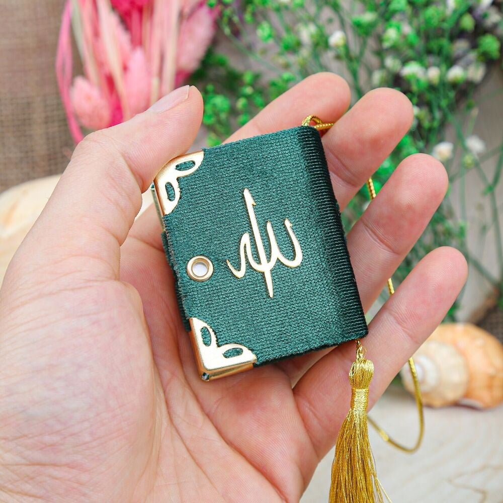 Mini Kur'an-ı Kerim Kadife Kaplı & Tül Süslemeli Yeşil
