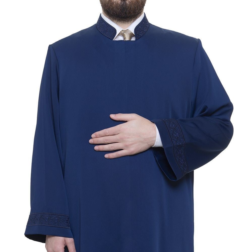 Mute İmam Cübbesi Lacivert - Kol ve Yaka Nakışlı Model