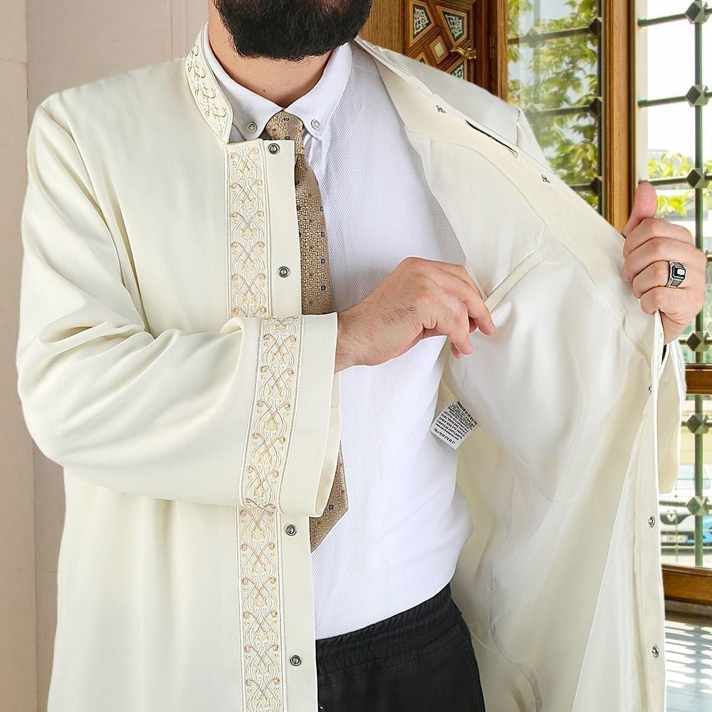 Necm Slimfit İmam Cübbesi - Boyu 180 cm den Uzunlar İçin Dar Uzun Lüks Kumaş  Krem