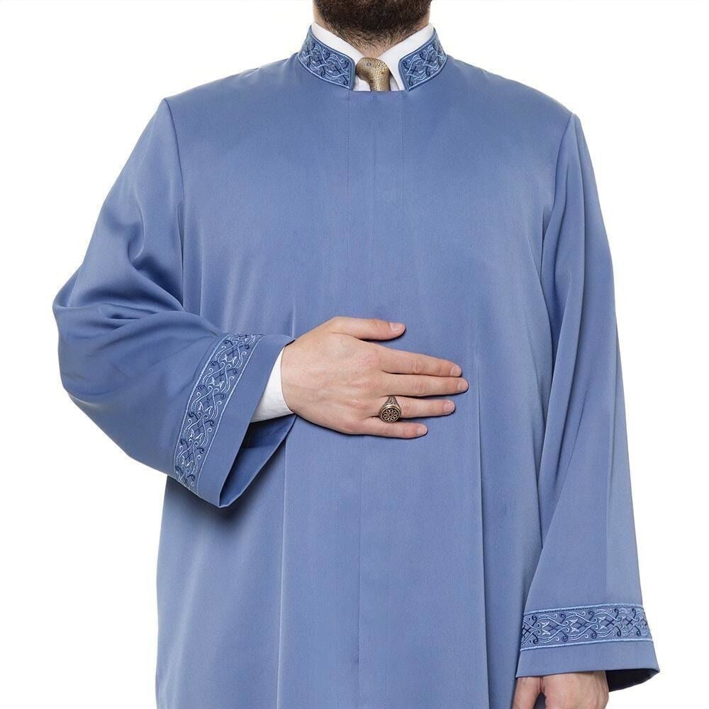 Sabuni İmam Cübbesi İndigo - Kol ve Yaka Nakışlı Model