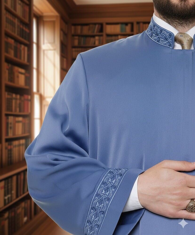 Sabuni İmam Cübbesi İndigo - Kol ve Yaka Nakışlı Model