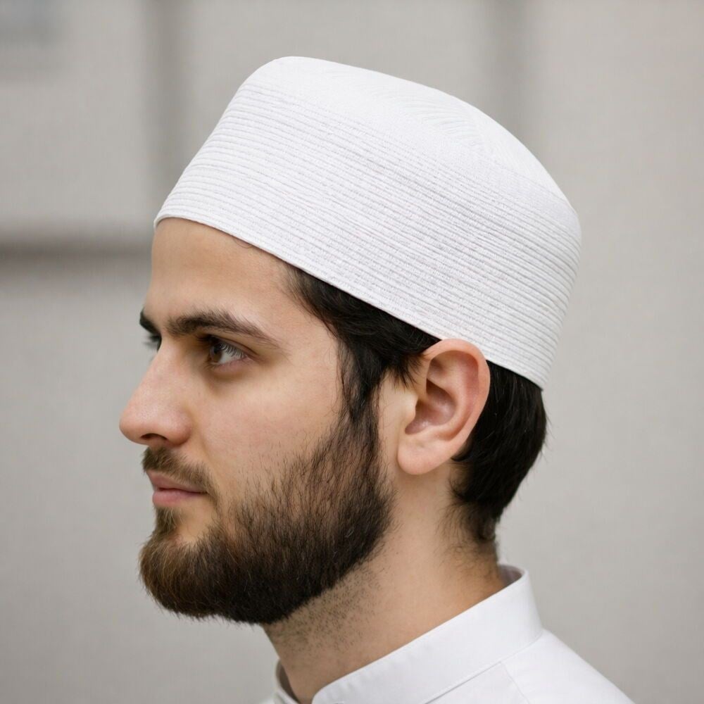 Suriye Şam Takkesi Kalın İnce Çizgili Beyaz Sarık Takkesi