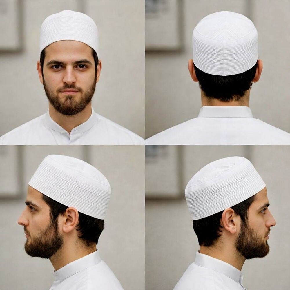 Suriye Şam Takkesi Kalın İnce Çizgili Beyaz Sarık Takkesi