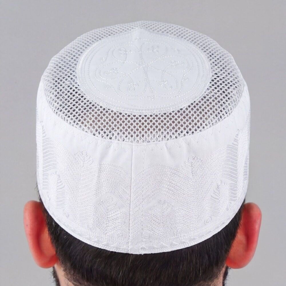 Yazlık Fileli Mevlidhan Namaz Takkesi Topbaş Hafız Nakış İşlemeli-Beyaz