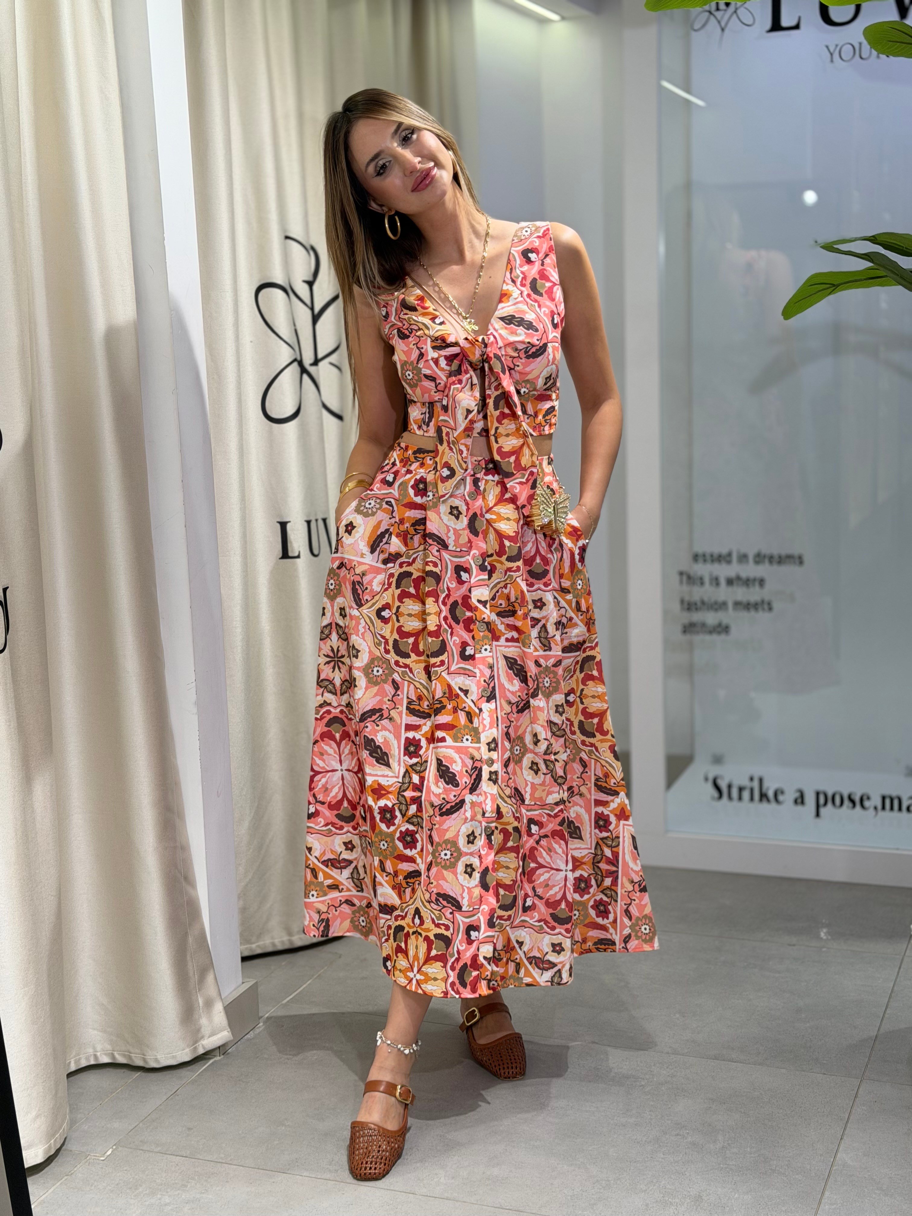 Adelina Desenli Önü Bağlamalı Crop Etek Takım 