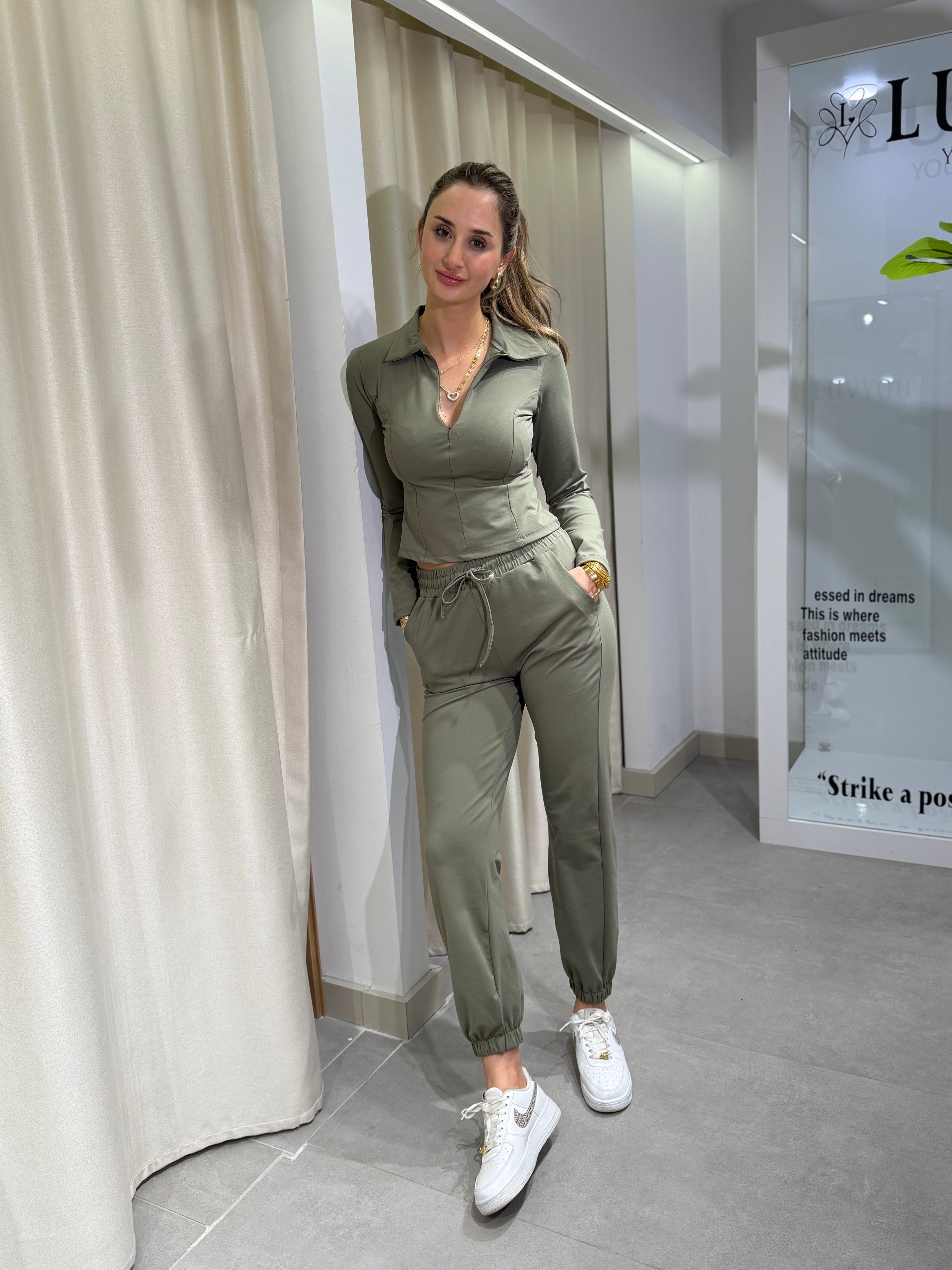 Andy Modal Kumaş Fermuarlı Paça Lastikli  Bluz Pantolon Takım Haki