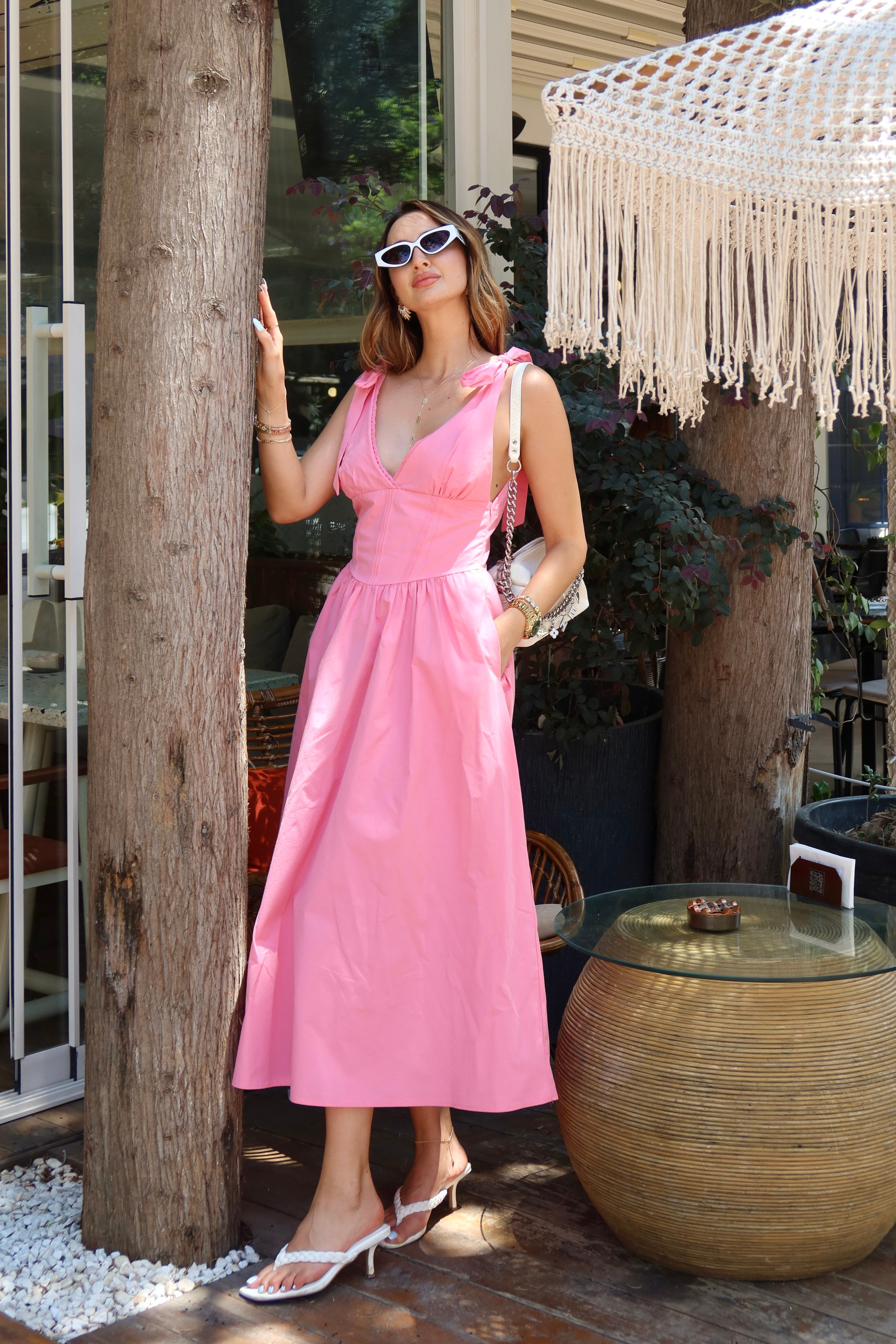 Bloom Bağlamalı Dantel Detay Midi Boy Elbise Pembe