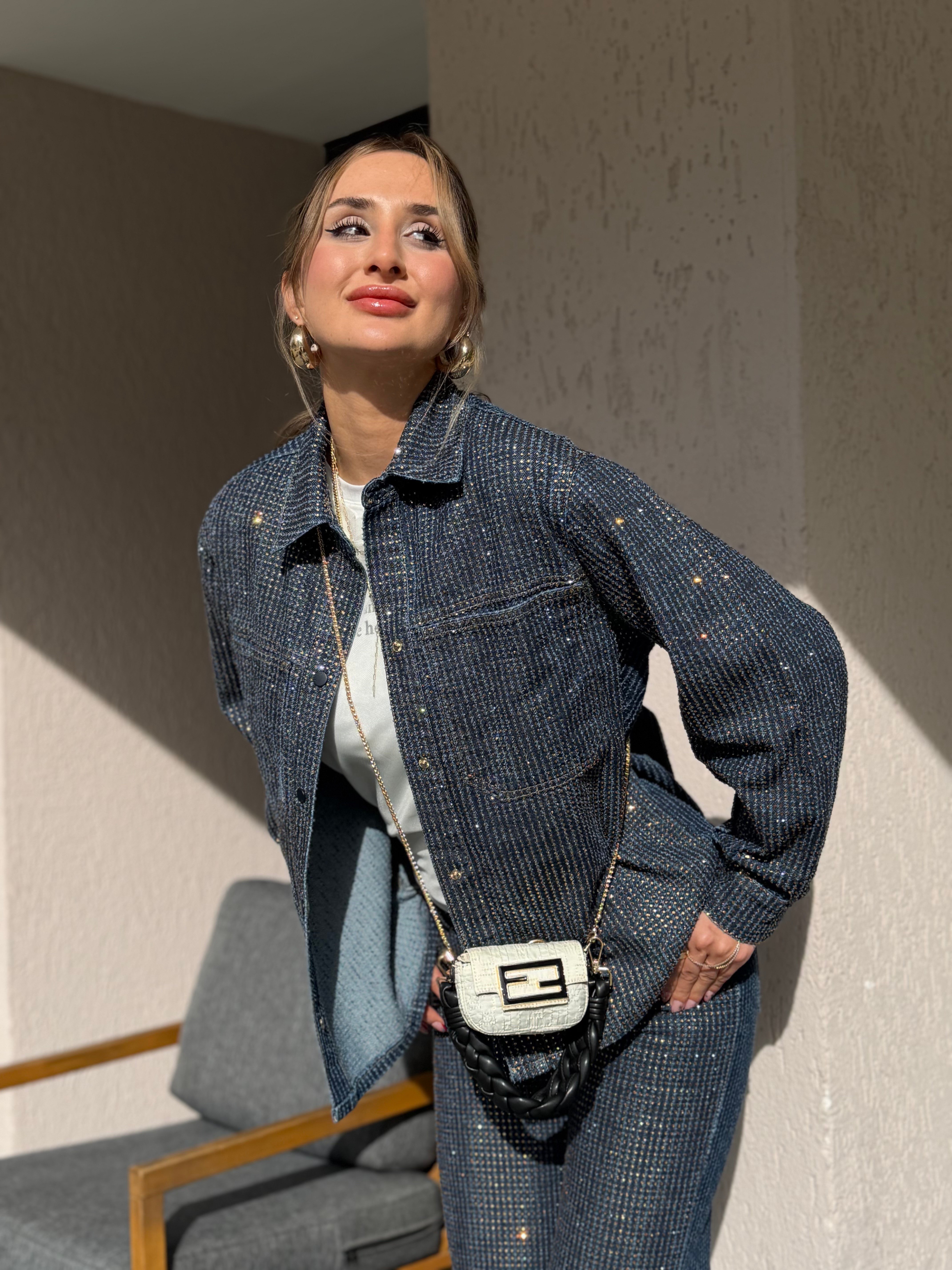 Cesi Full Parlak Taş Detaylı Denim Ceket Gömlek 