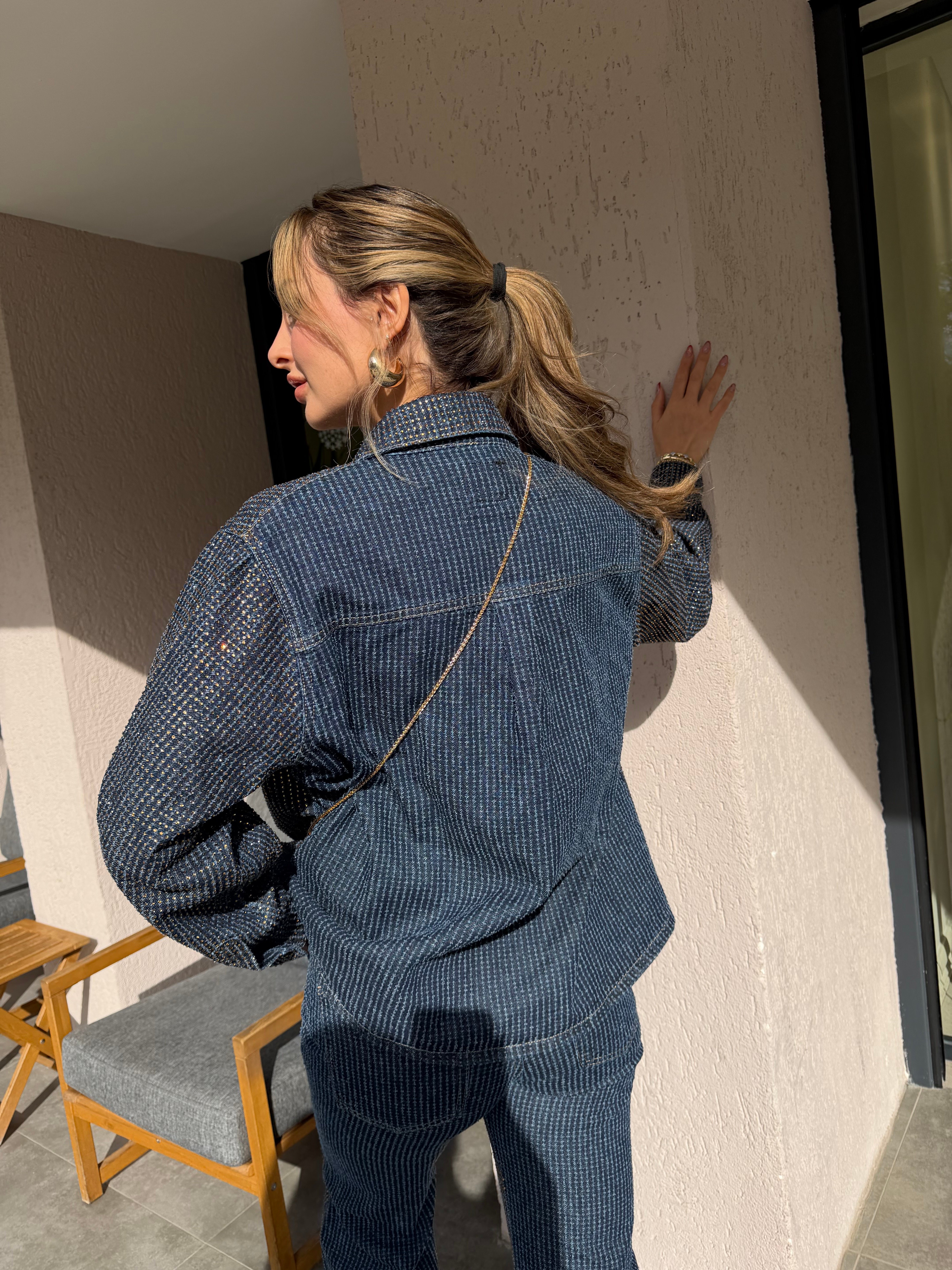 Cesi Full Parlak Taş Detaylı Denim Ceket Gömlek 