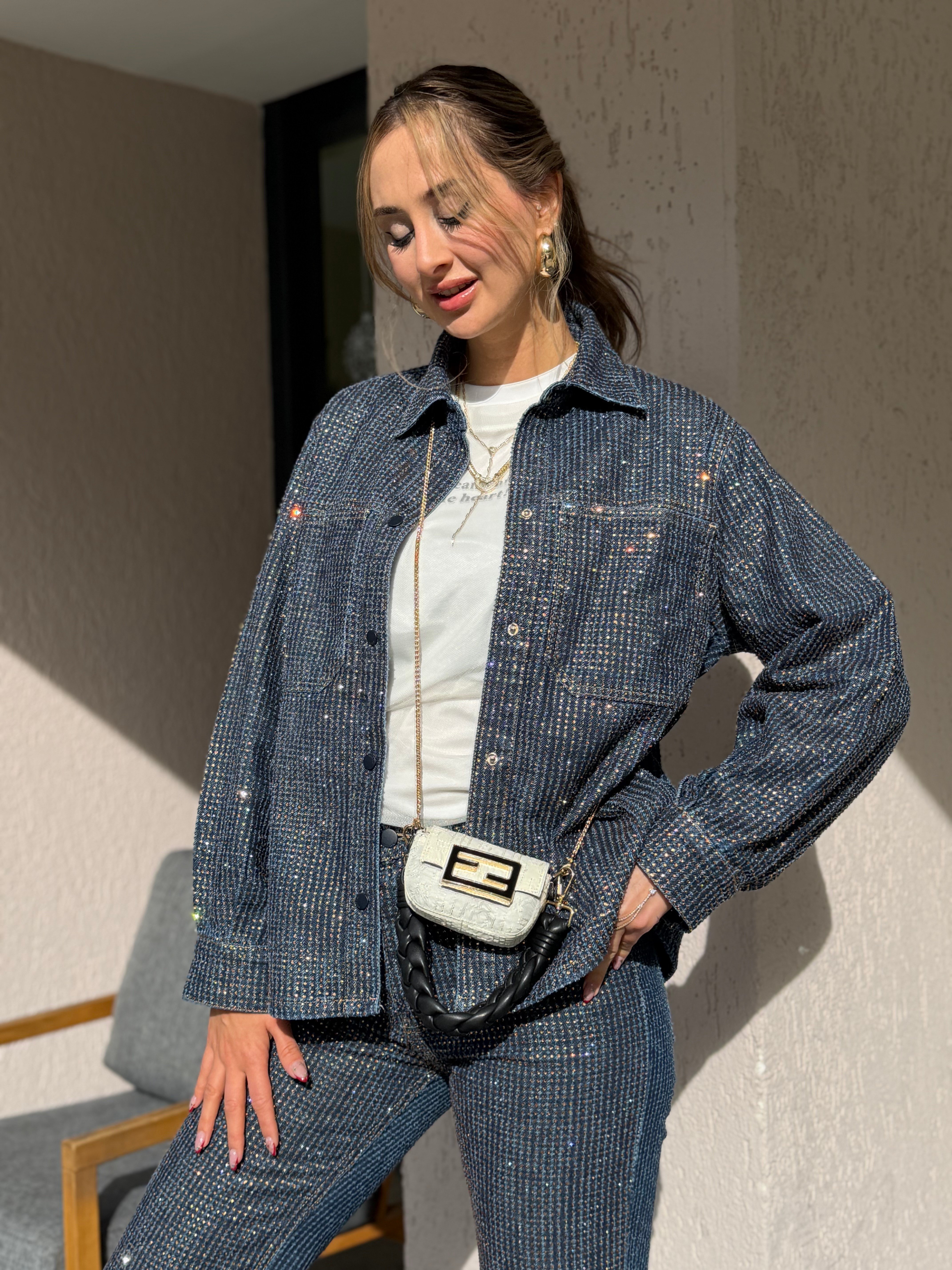 Cesi Full Parlak Taş Detaylı Denim Ceket Gömlek 