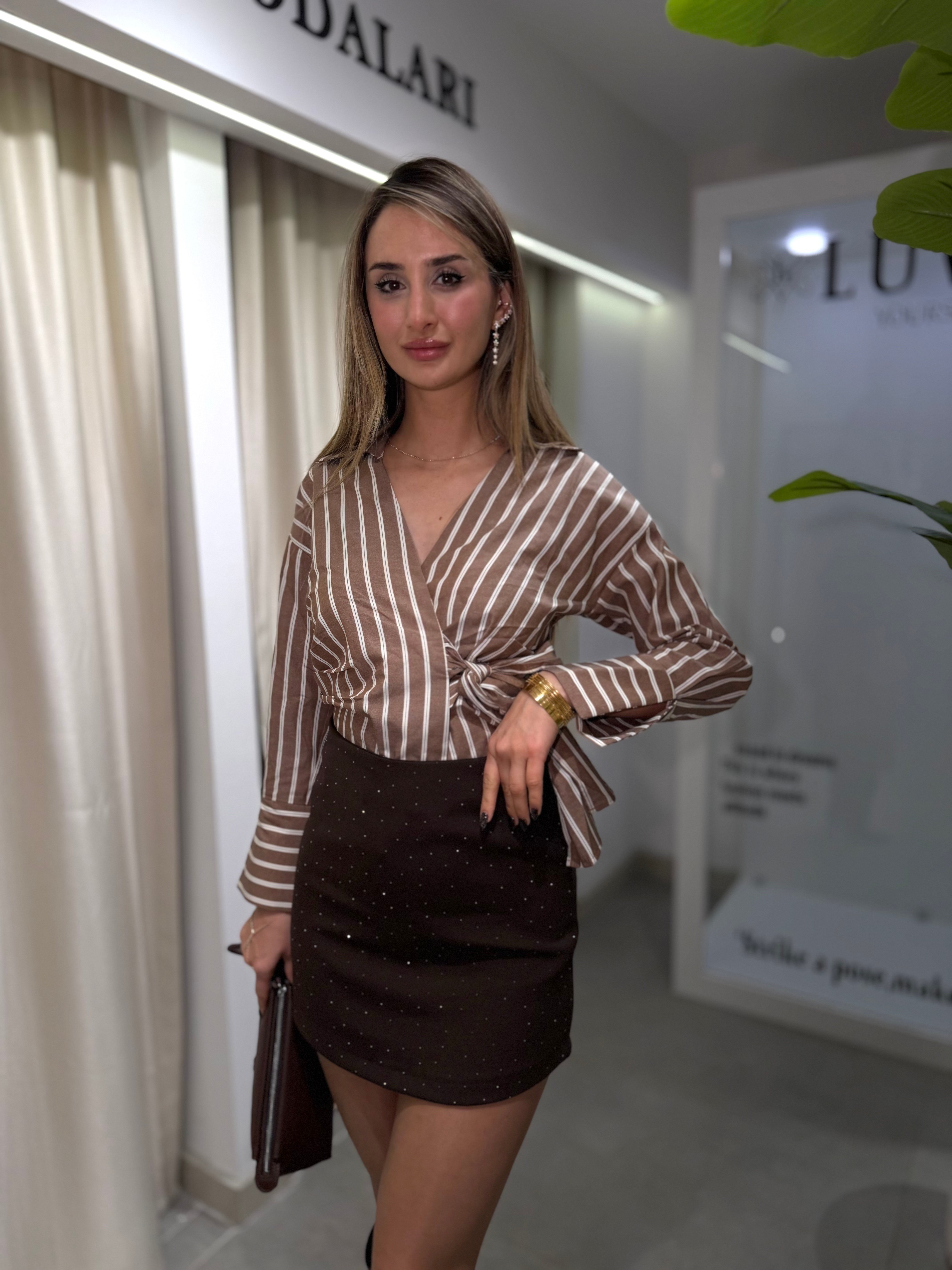 Dorika Taşlı Mini Etek Kahverengi 