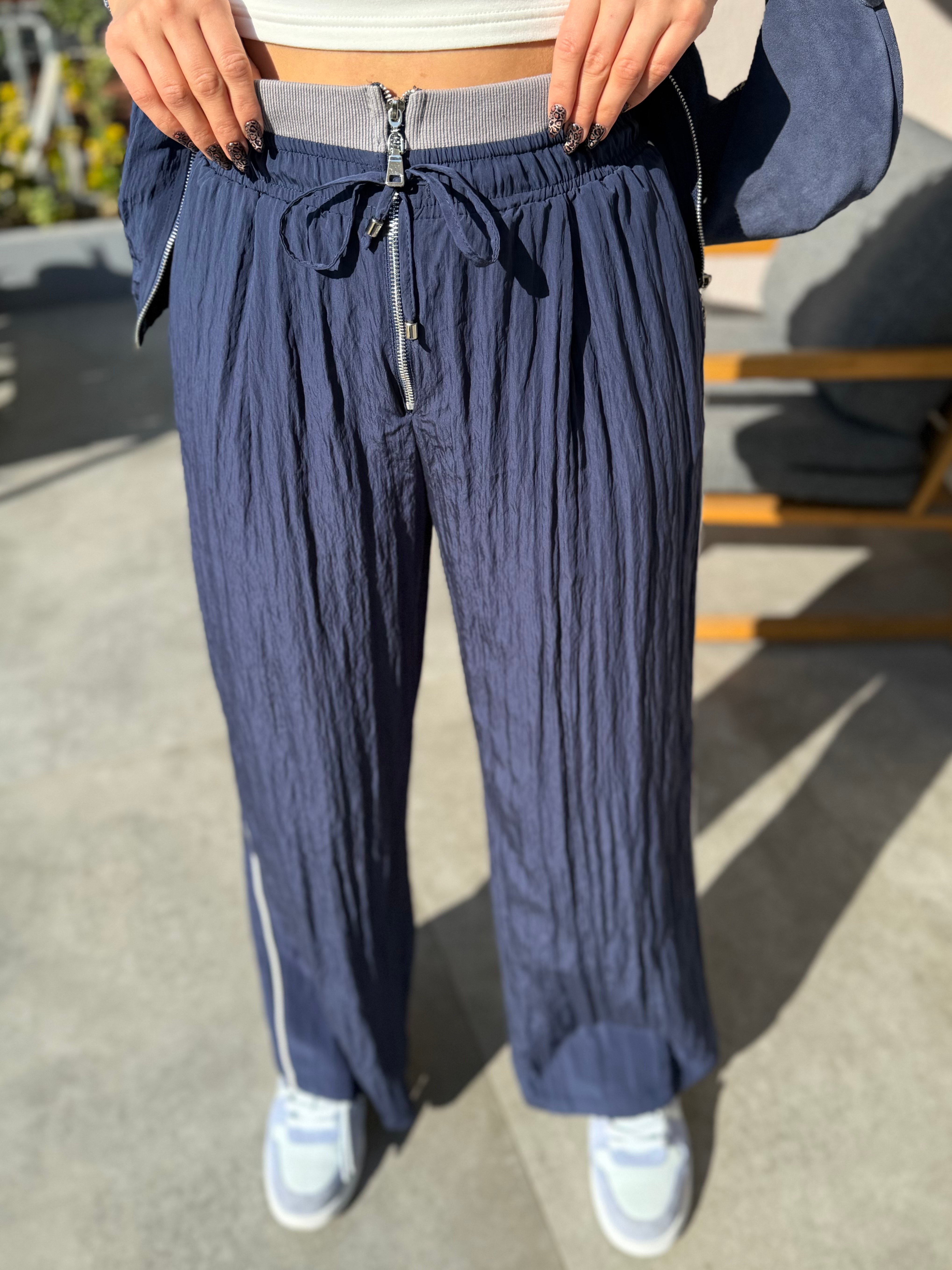 Fermuarlı Ceket Pantolon Krinkıl kumaş Takım Lacivert