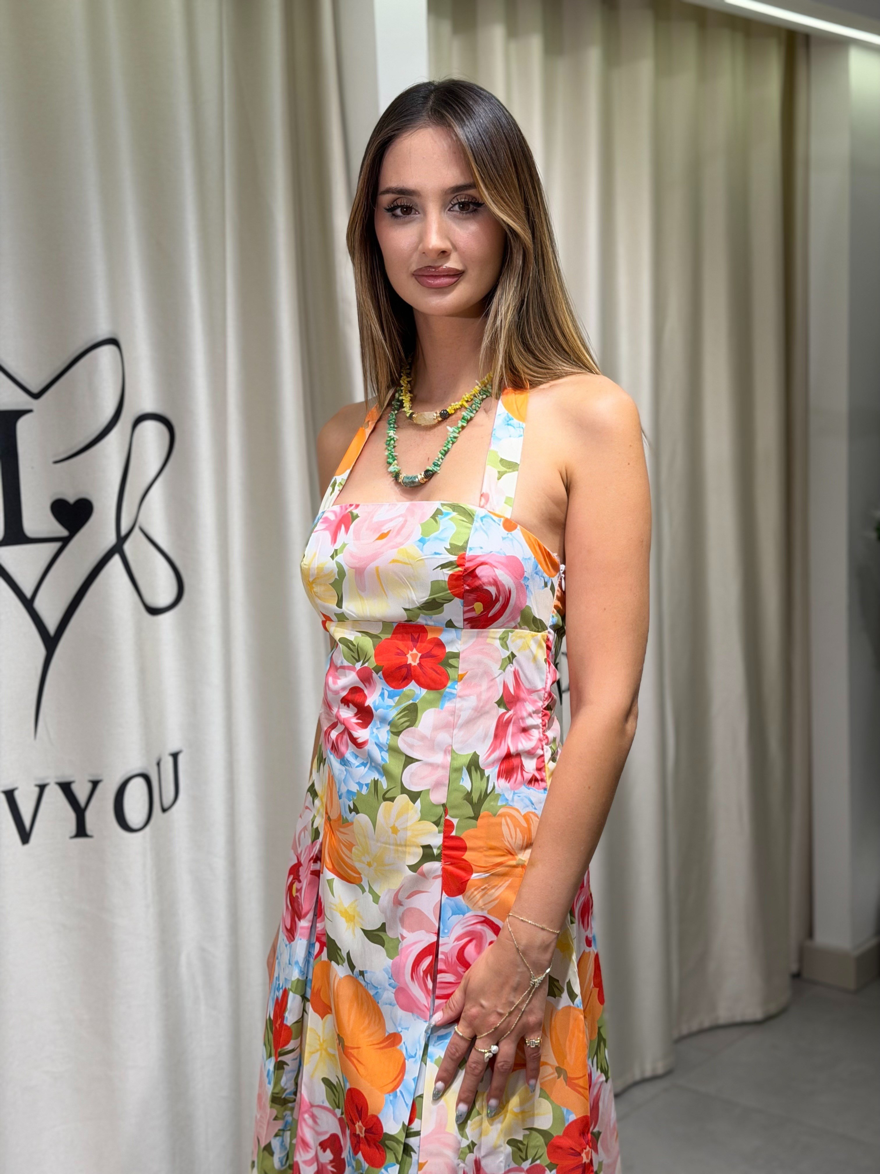 Flora Çiçek Desen Midi Boy Elbise