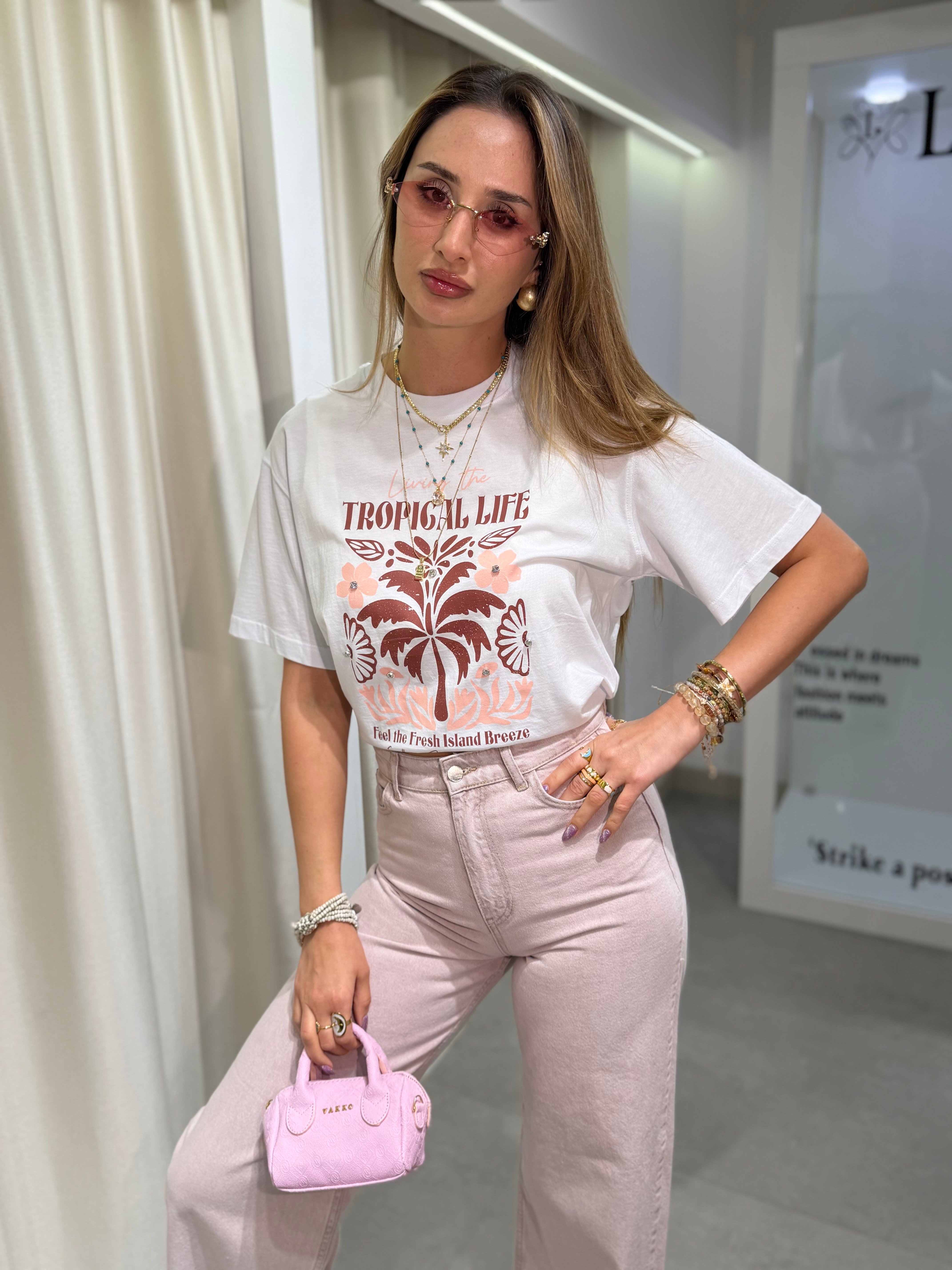 Lona Pembe Baskılı T-shirt 