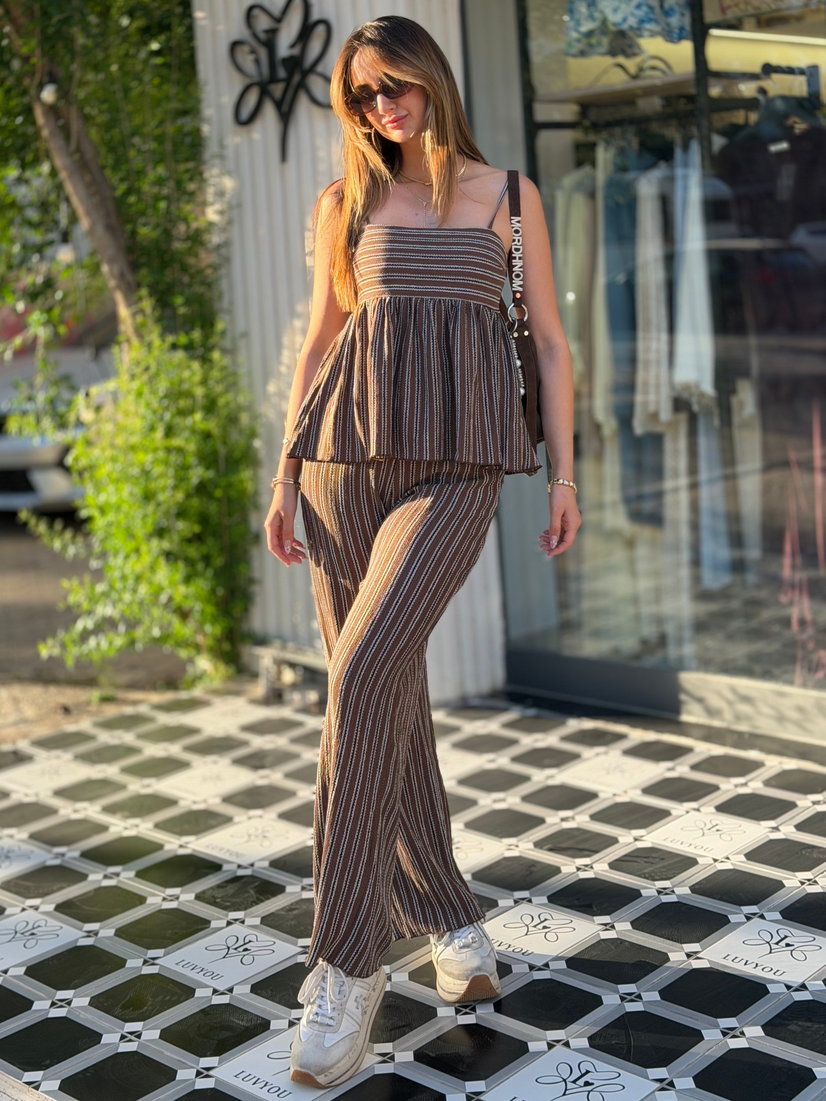 Mekselina Çizgili Örme Takım Kahverengi 