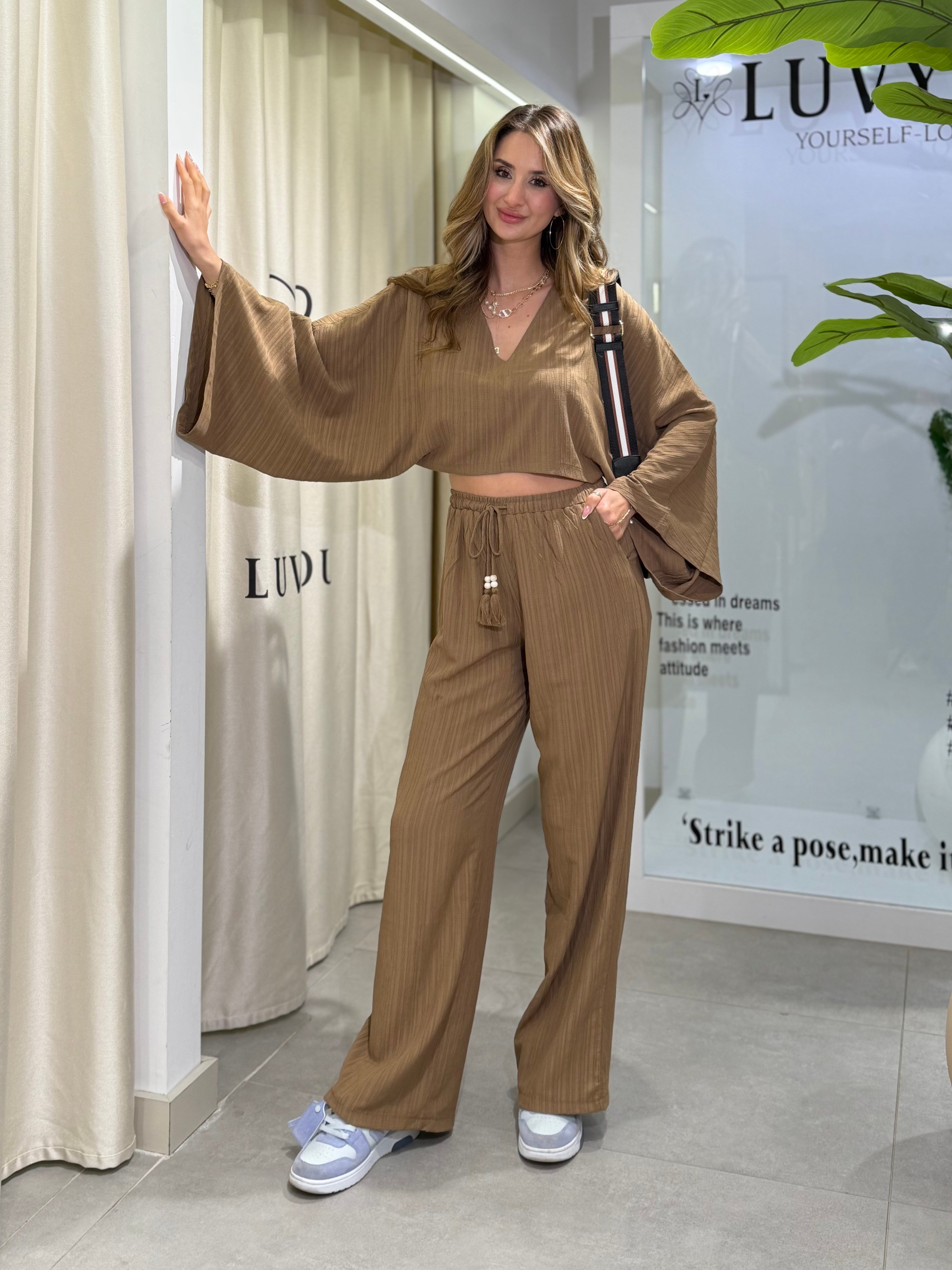 Natalia Yarasa Kol Bluz Pantolon Takım Kahverengi 