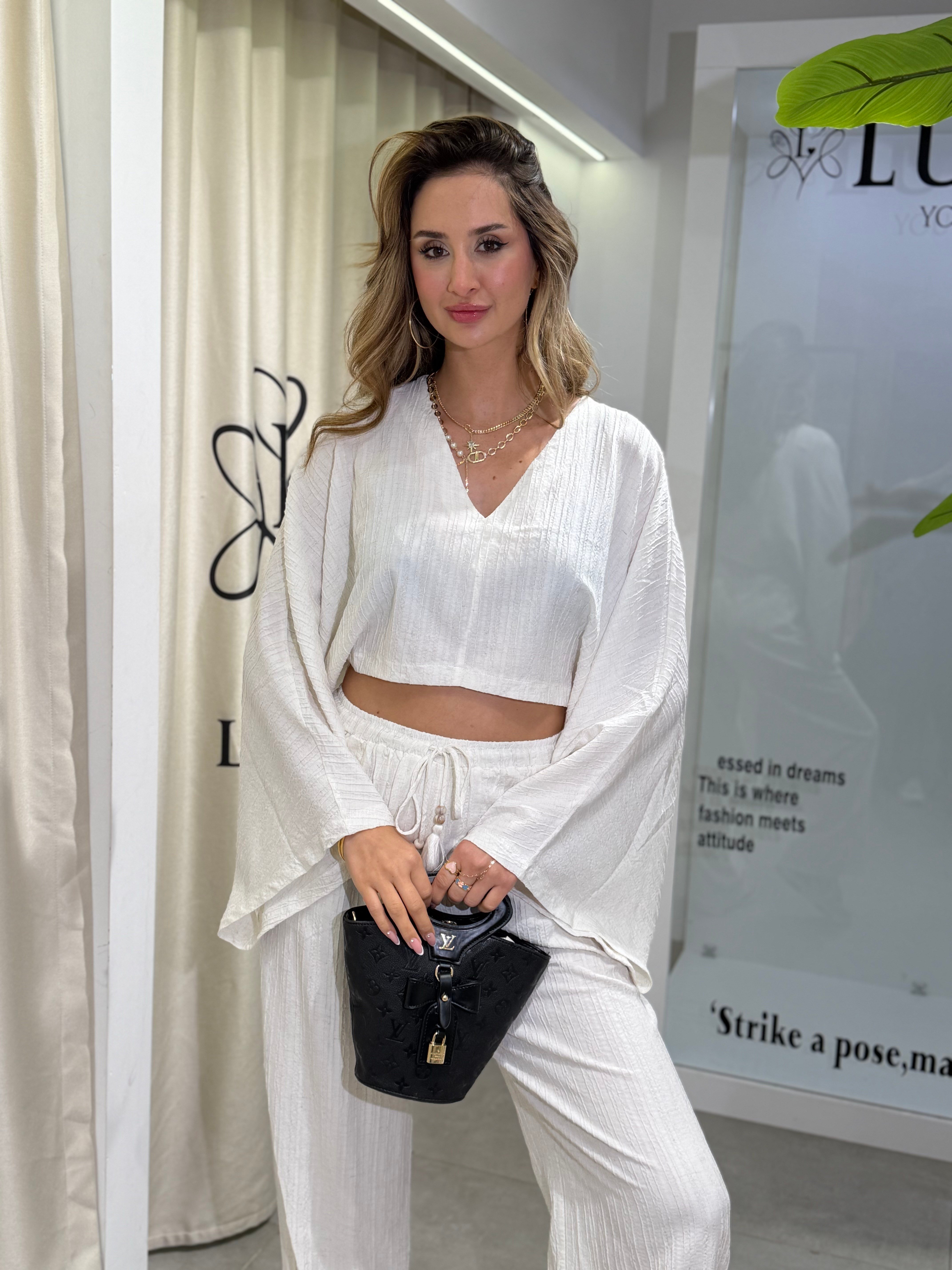 Natalia Yarasa Kol Bluz Pantolon Takım Beyaz