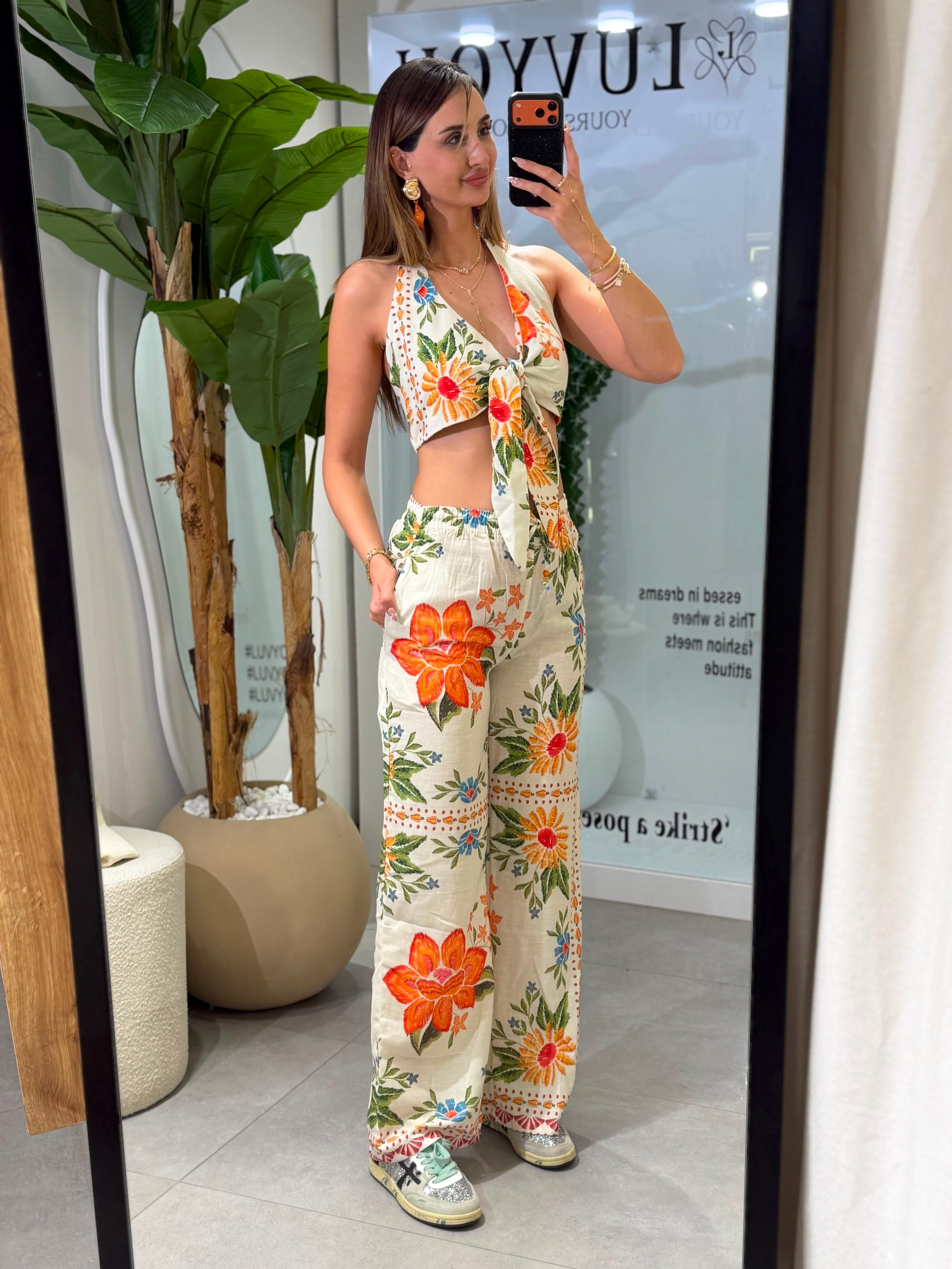 Olivia Desenli Crop Pantolon Takım 