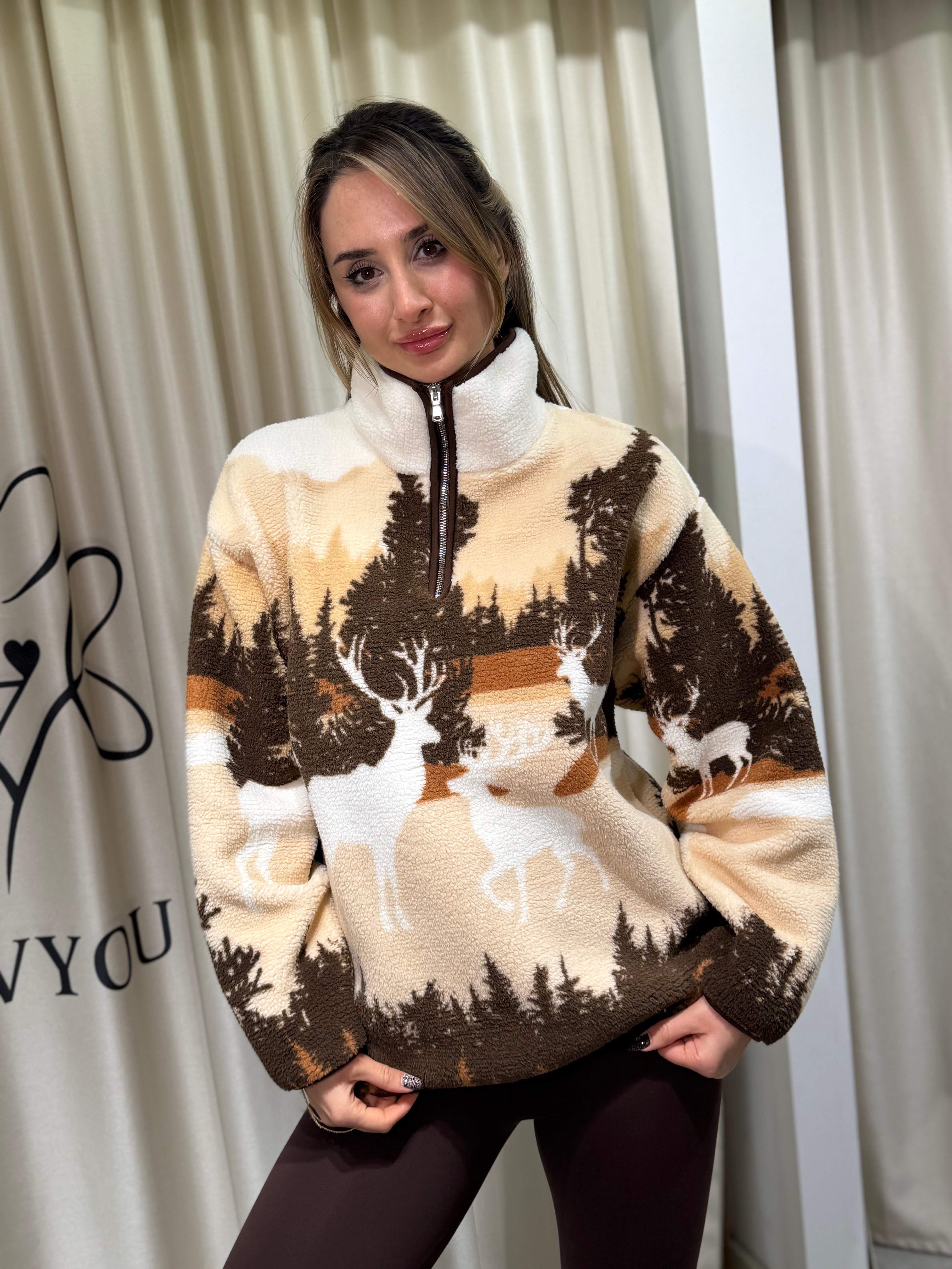 Rex Geyikli Peluş sweatshirt Kahverengi-Ekru