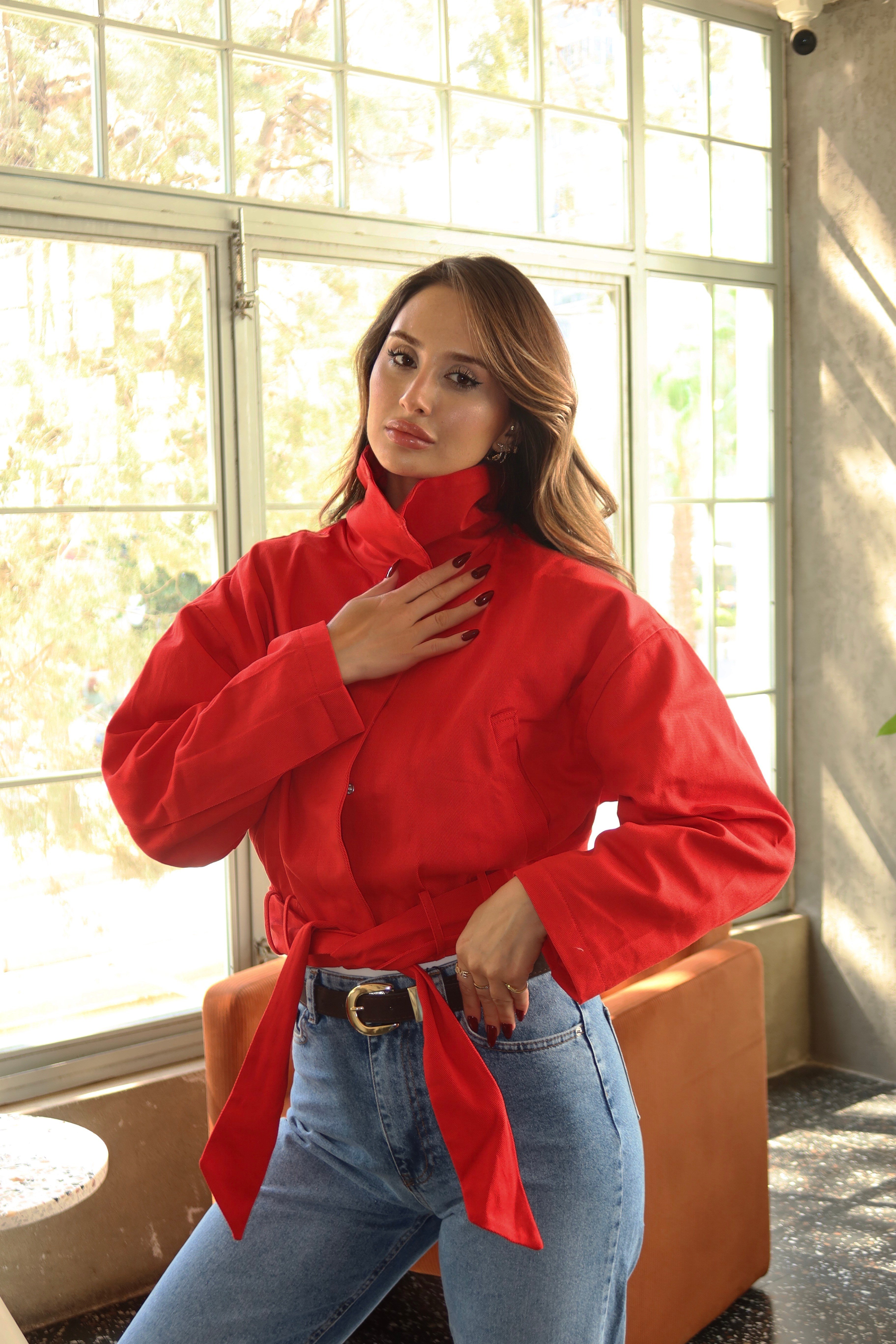 Rosalie Gabardin Kumaş Crop Ceket Kırmızı