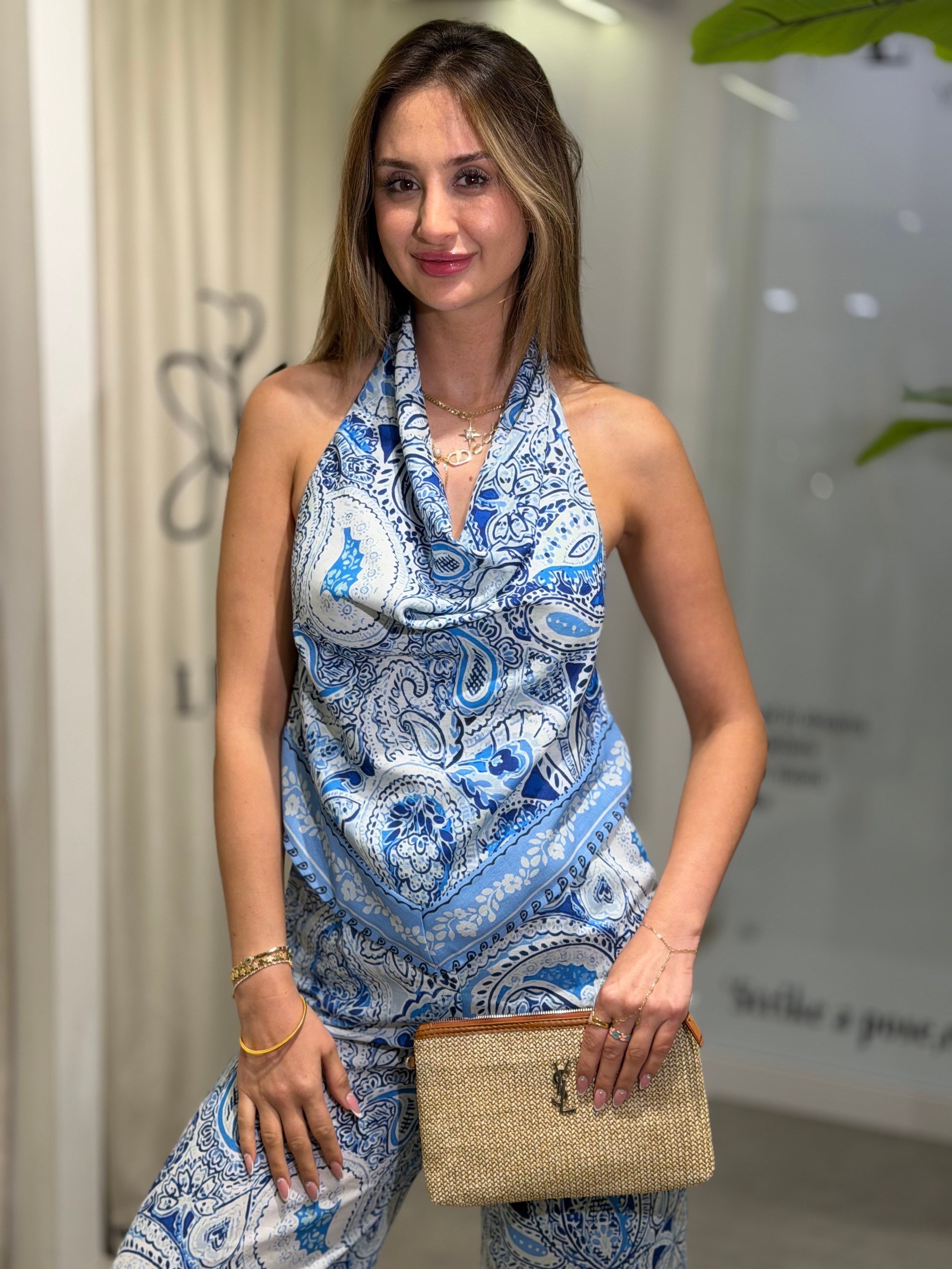 Twetty Etnik Desen Mendil Bluz Pantolon Takım Mavi