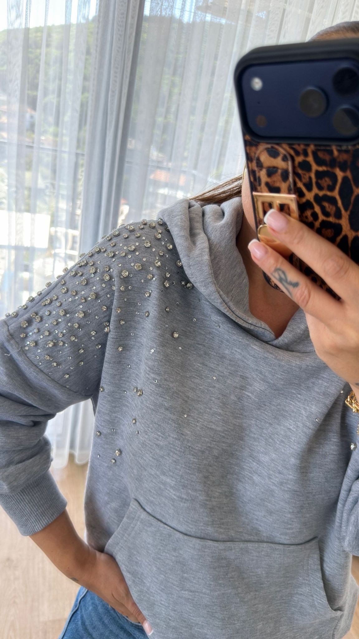 Premium Taşlı Kapüşonlu Sweatshirt 