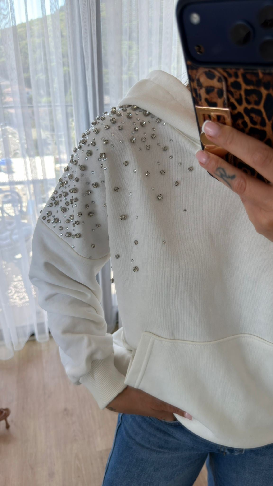 Premium Taşlı Kapüşonlu Sweatshirt 