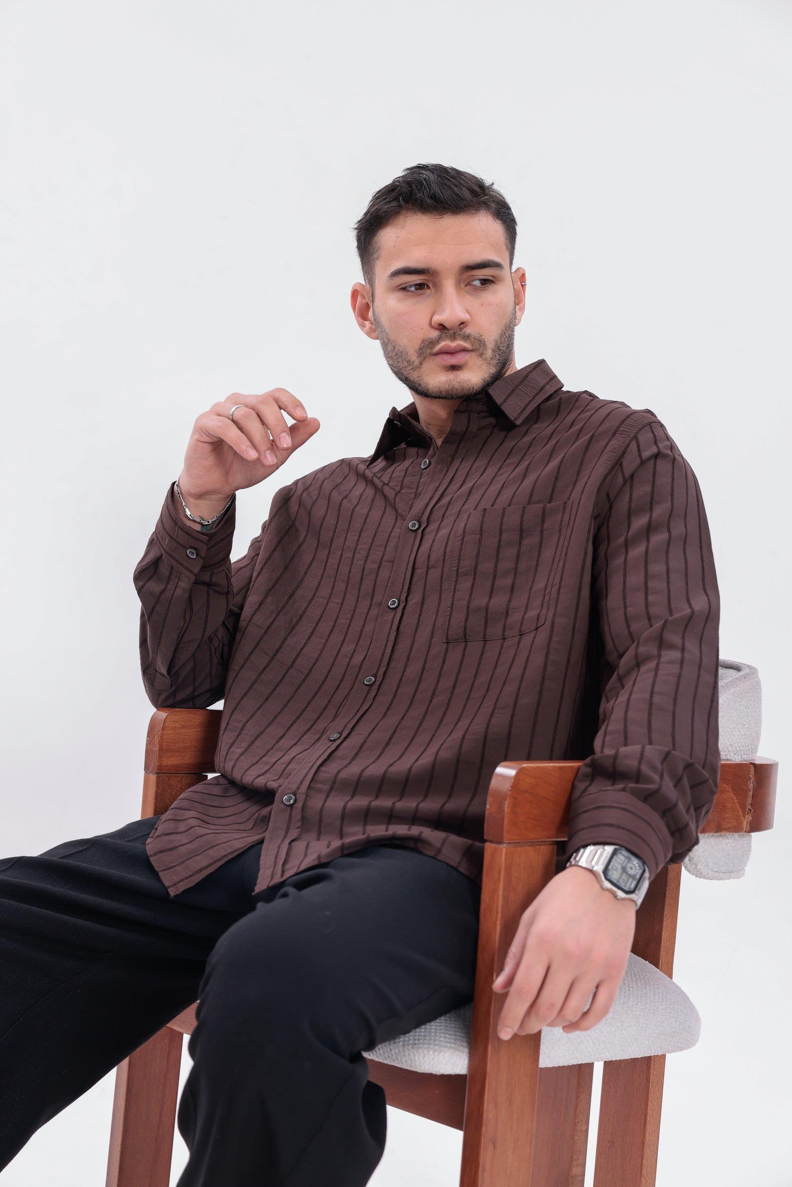 Oversize Çizgili Modal Gömlek Acı Kahve