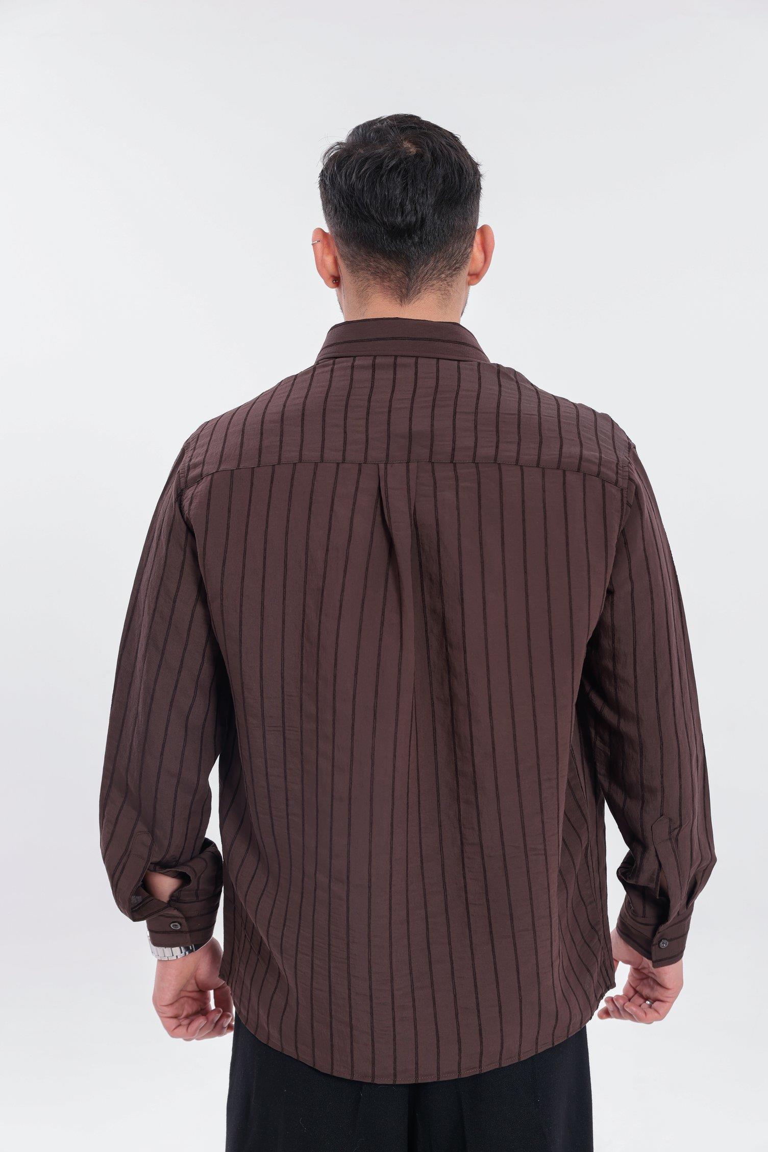 Oversize Çizgili Modal Gömlek Acı Kahve