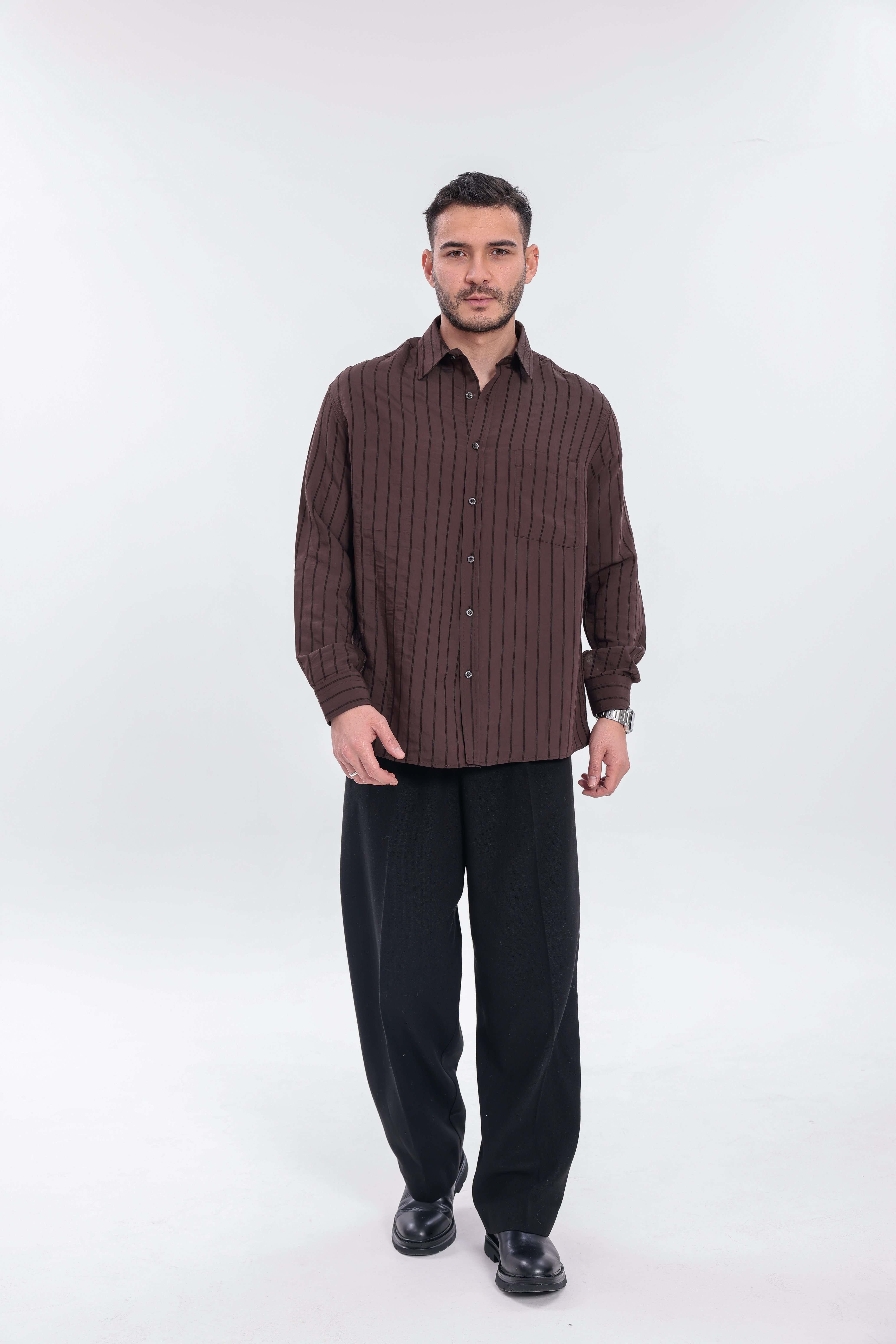 Oversize Çizgili Modal Gömlek Acı Kahve