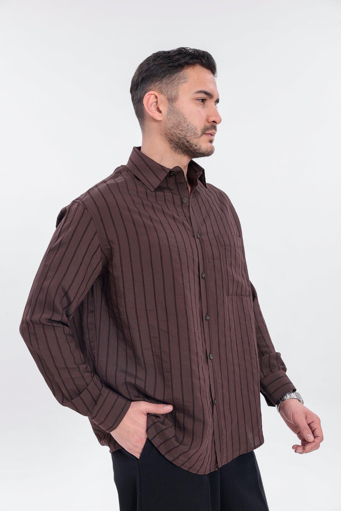 Oversize Çizgili Modal Gömlek Acı Kahve