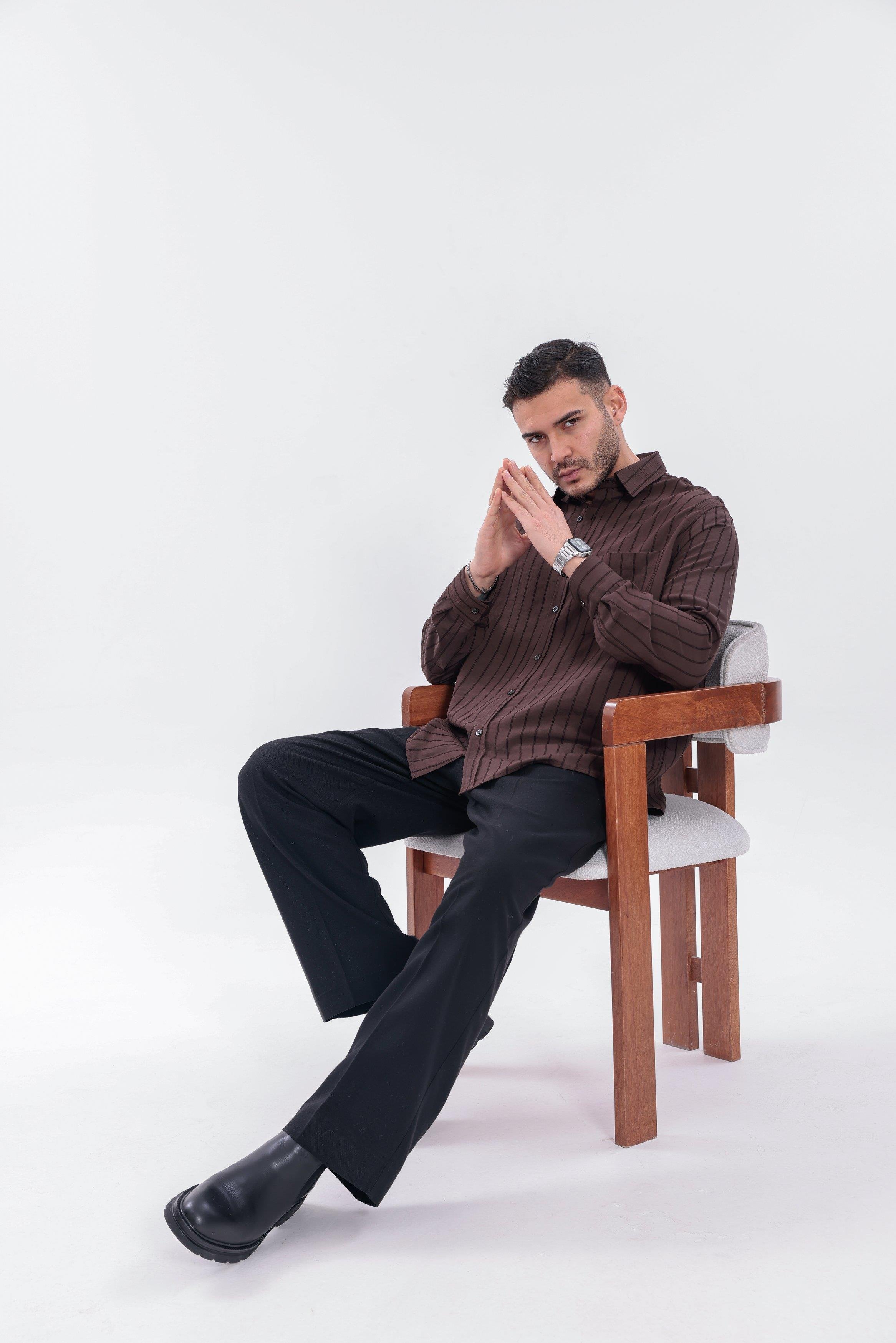 Oversize Çizgili Modal Gömlek Acı Kahve