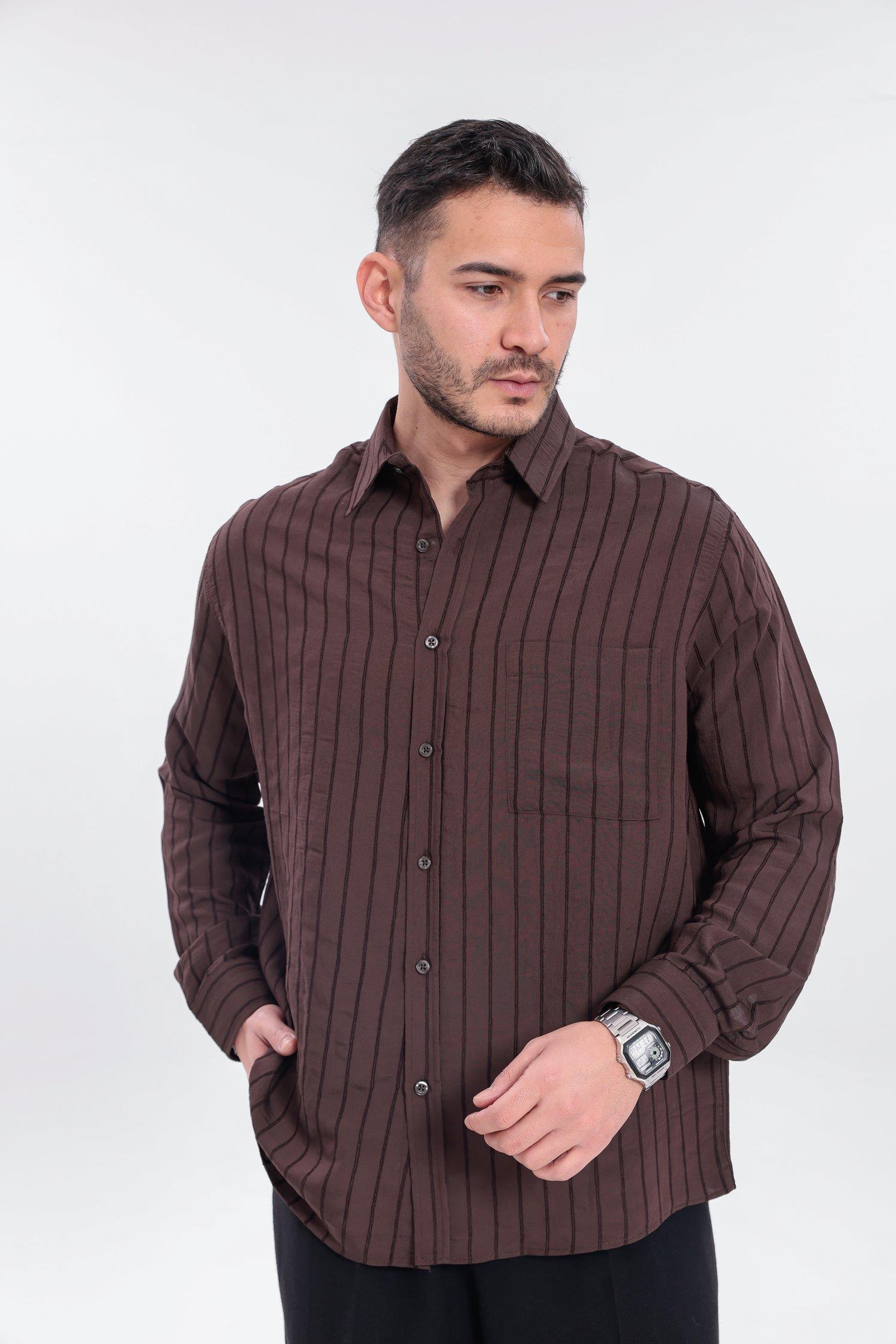 Oversize Çizgili Modal Gömlek Acı Kahve