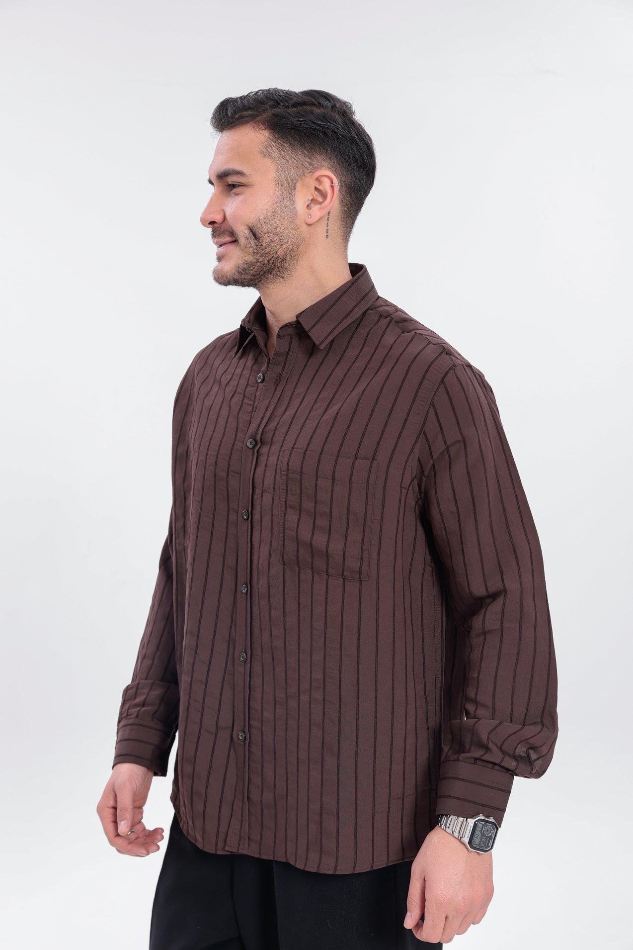 Oversize Çizgili Modal Gömlek Acı Kahve