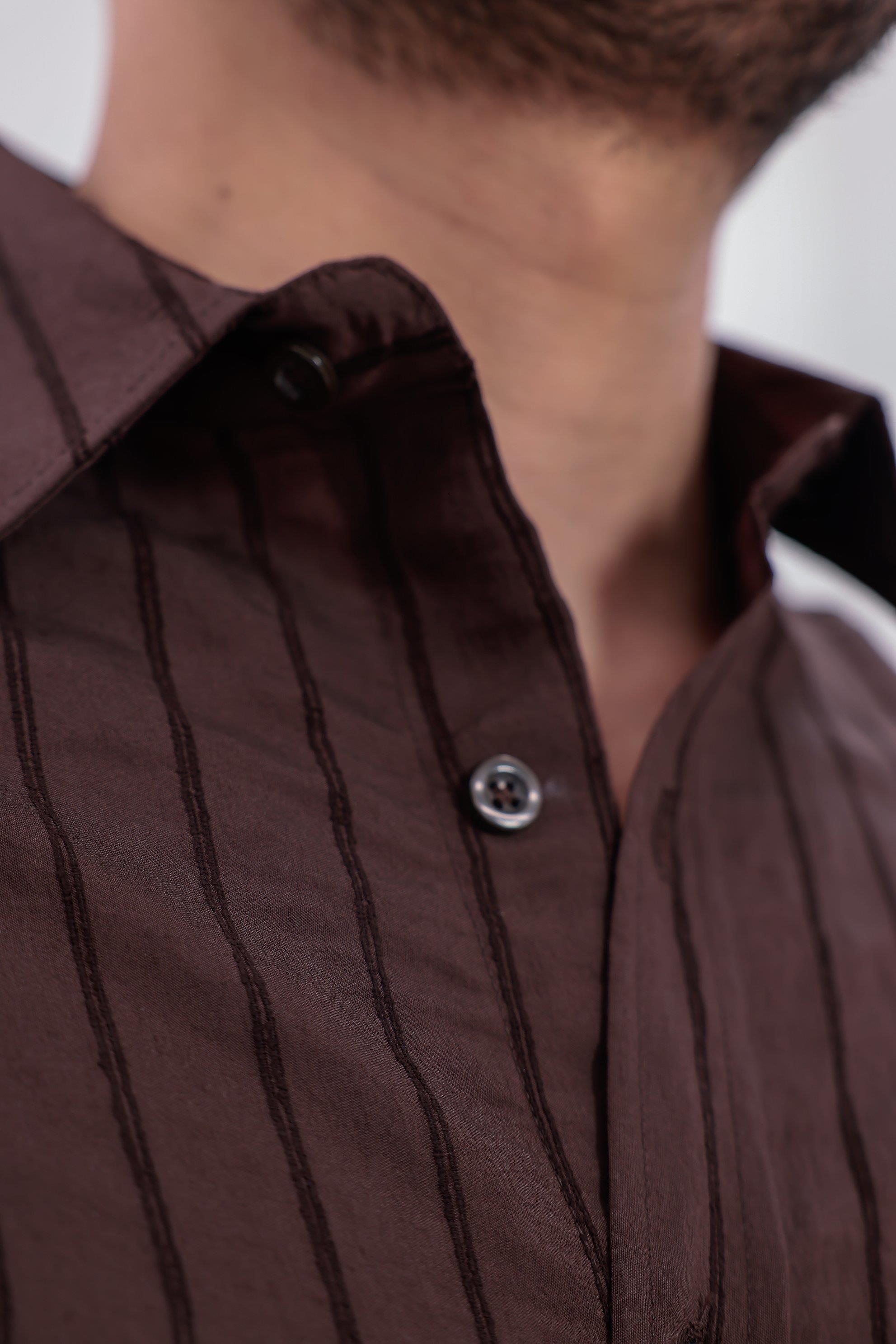 Oversize Çizgili Modal Gömlek Acı Kahve