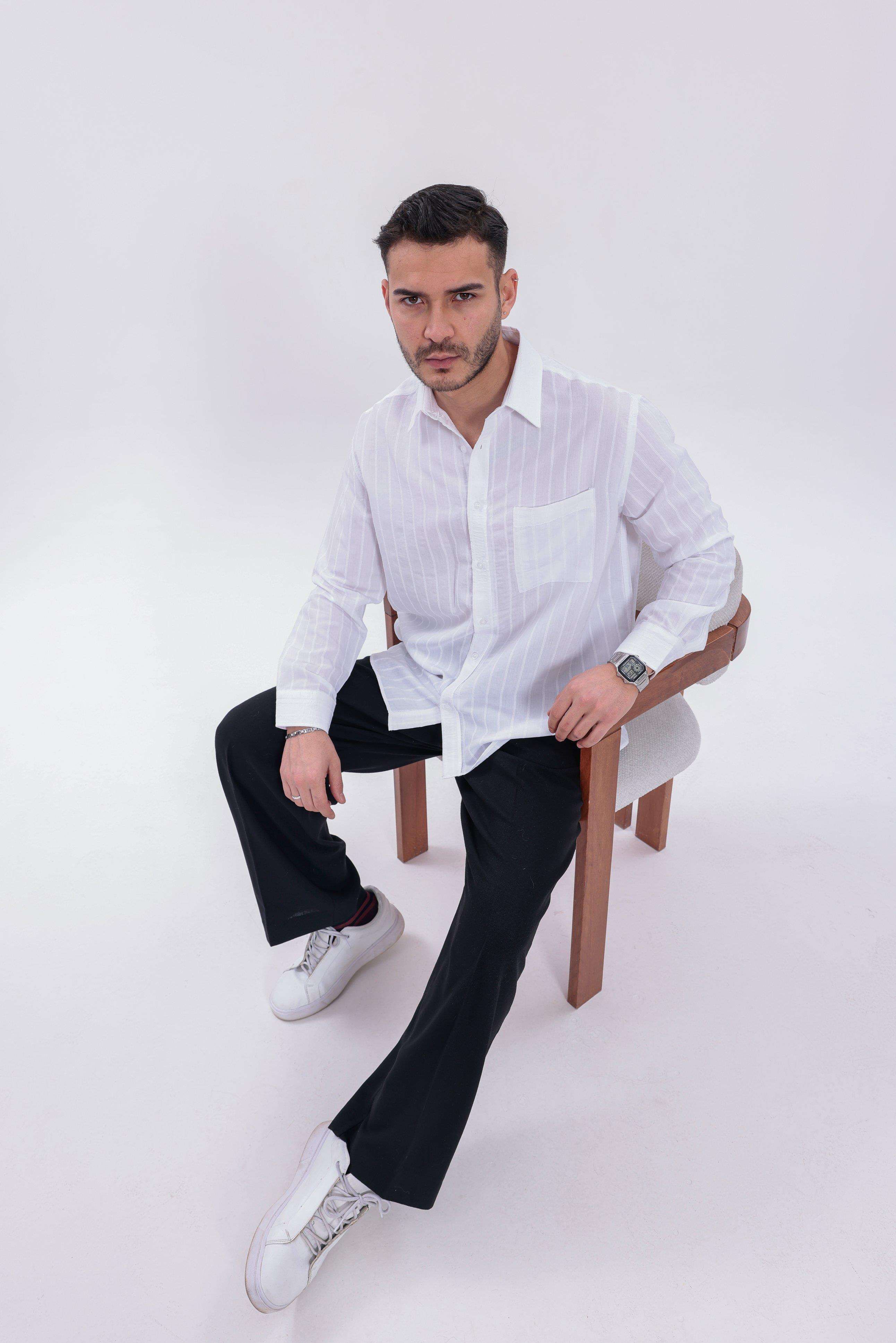 Oversize Çizgili Modal Gömlek Beyaz