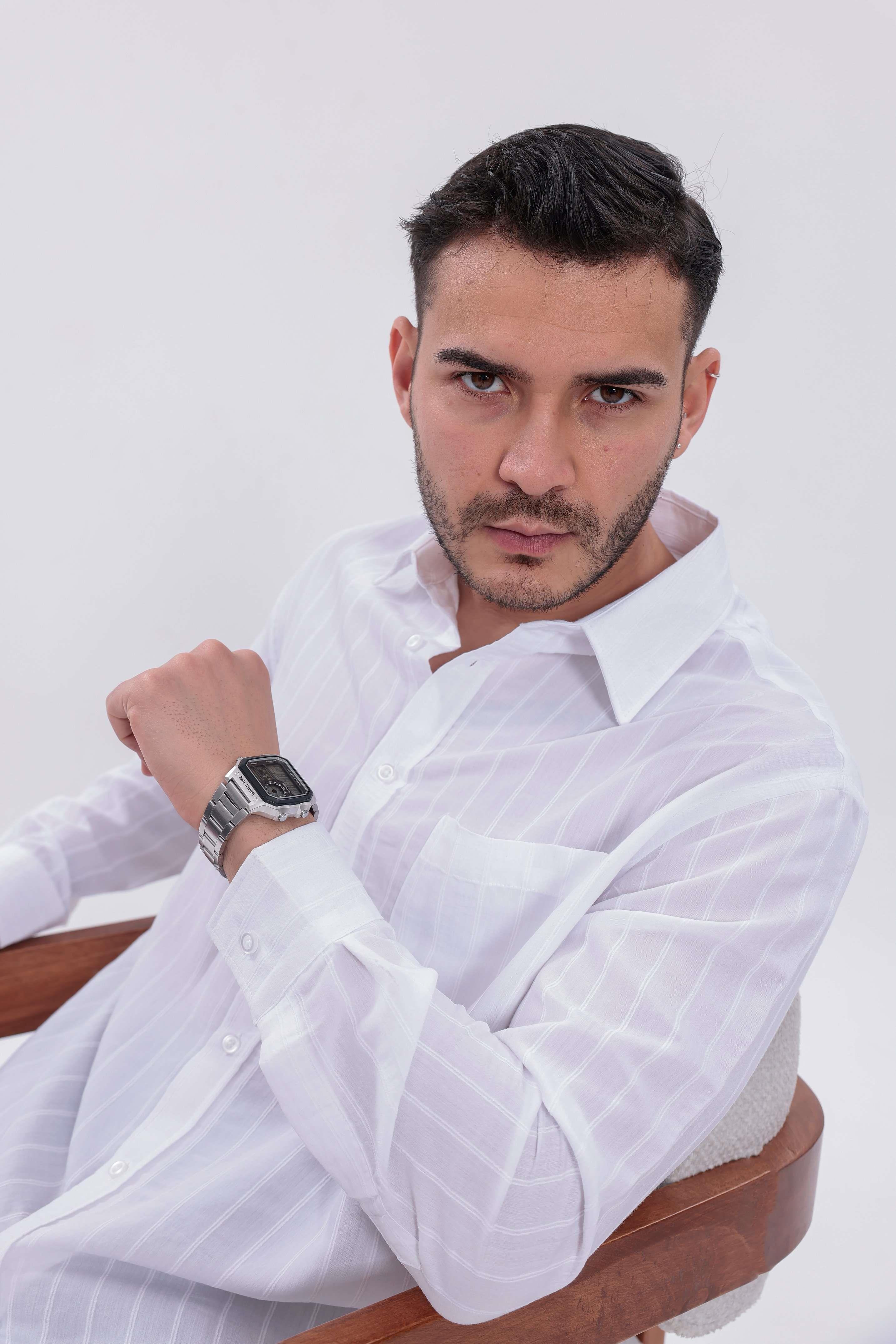 Oversize Çizgili Modal Gömlek Beyaz