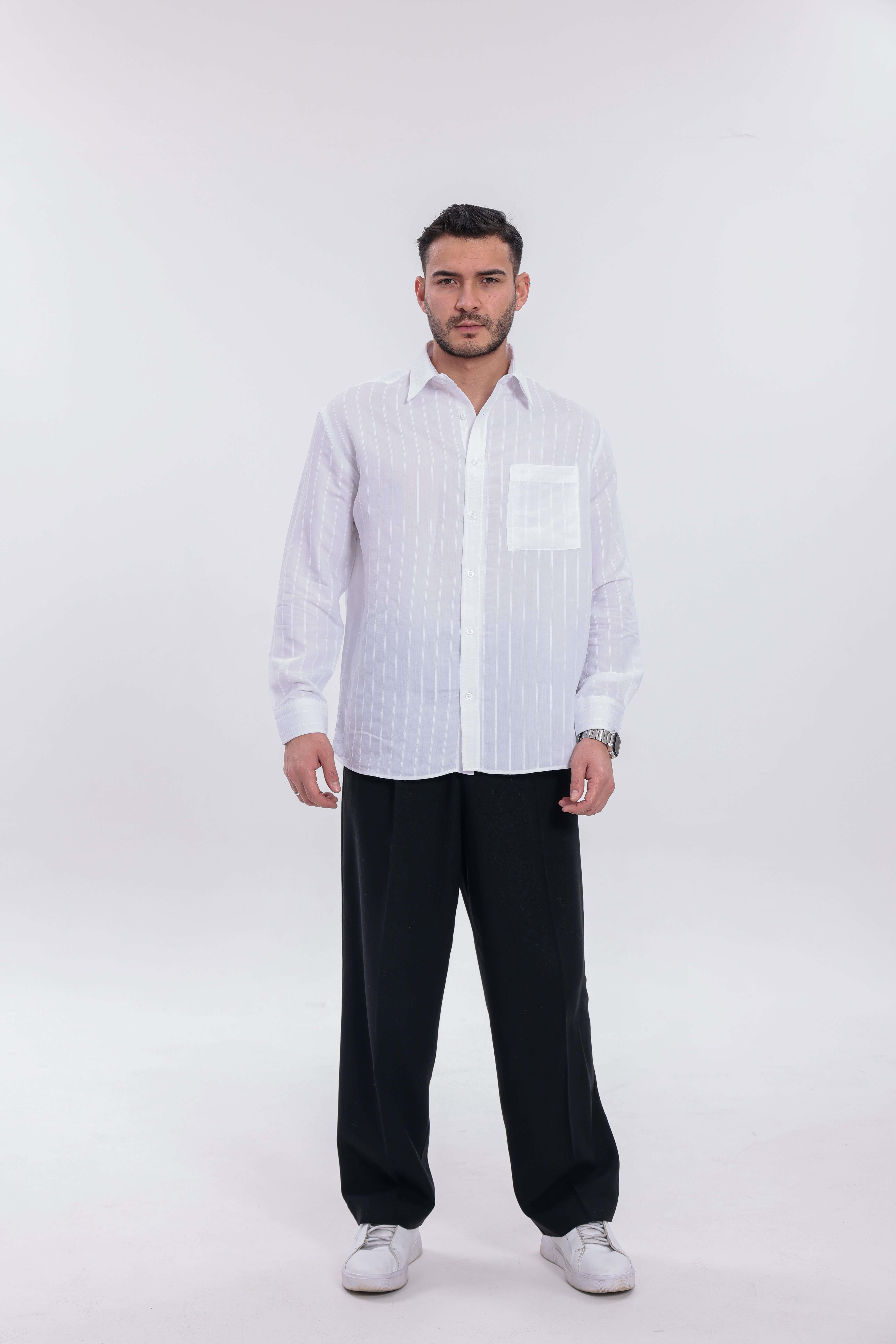 Oversize Çizgili Modal Gömlek Beyaz