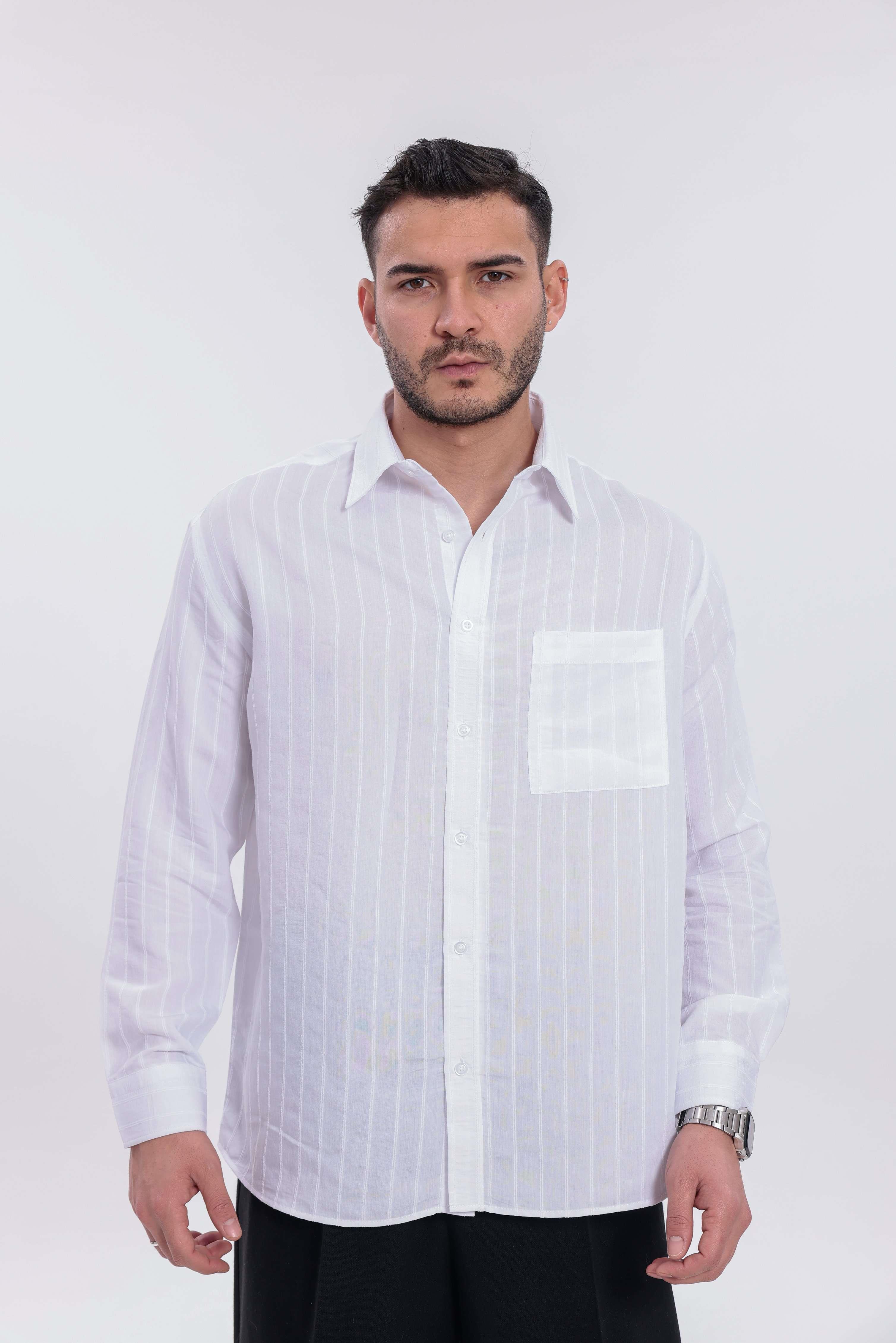 Oversize Çizgili Modal Gömlek Beyaz