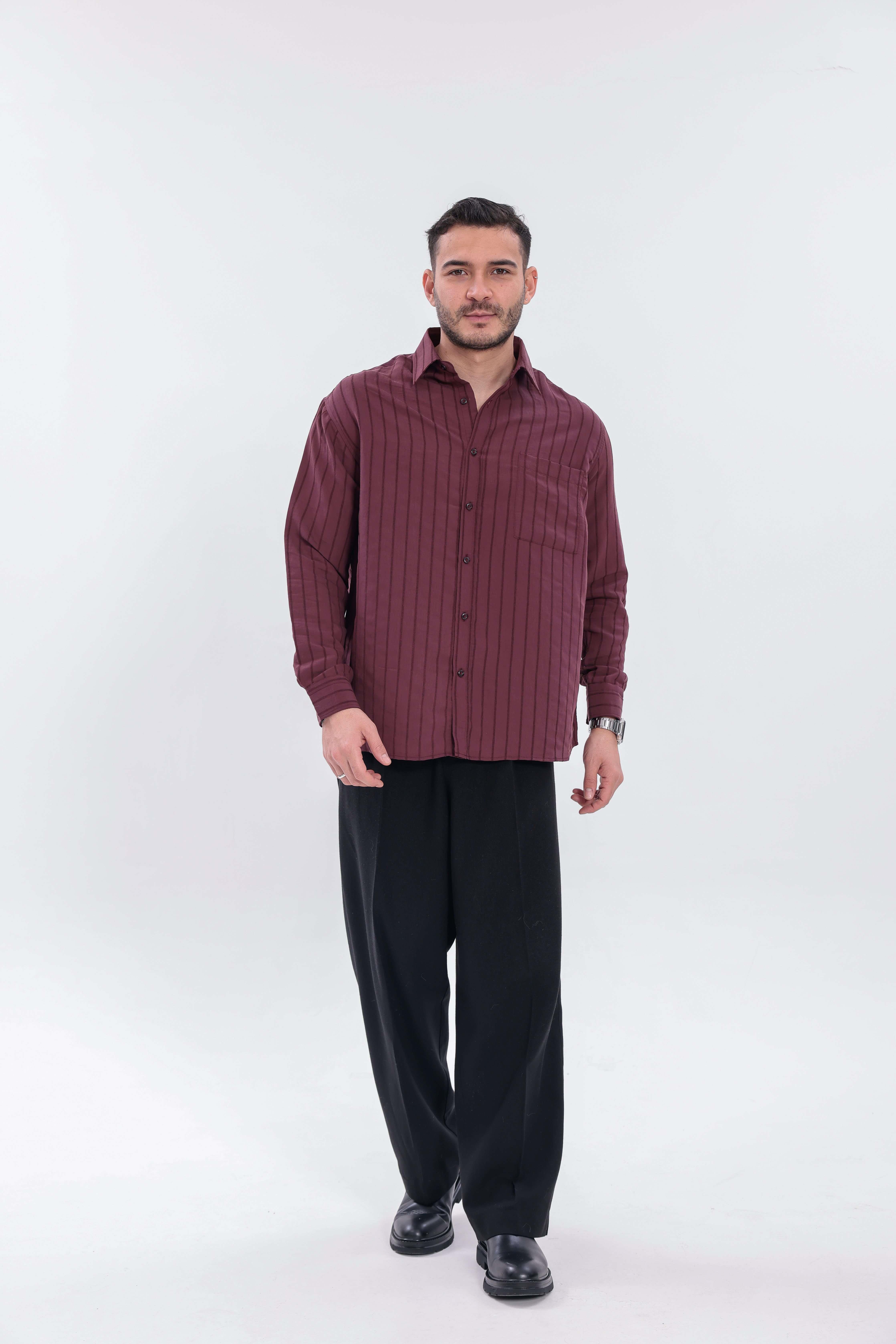 Oversize Çizgili Modal Gömlek Bordo