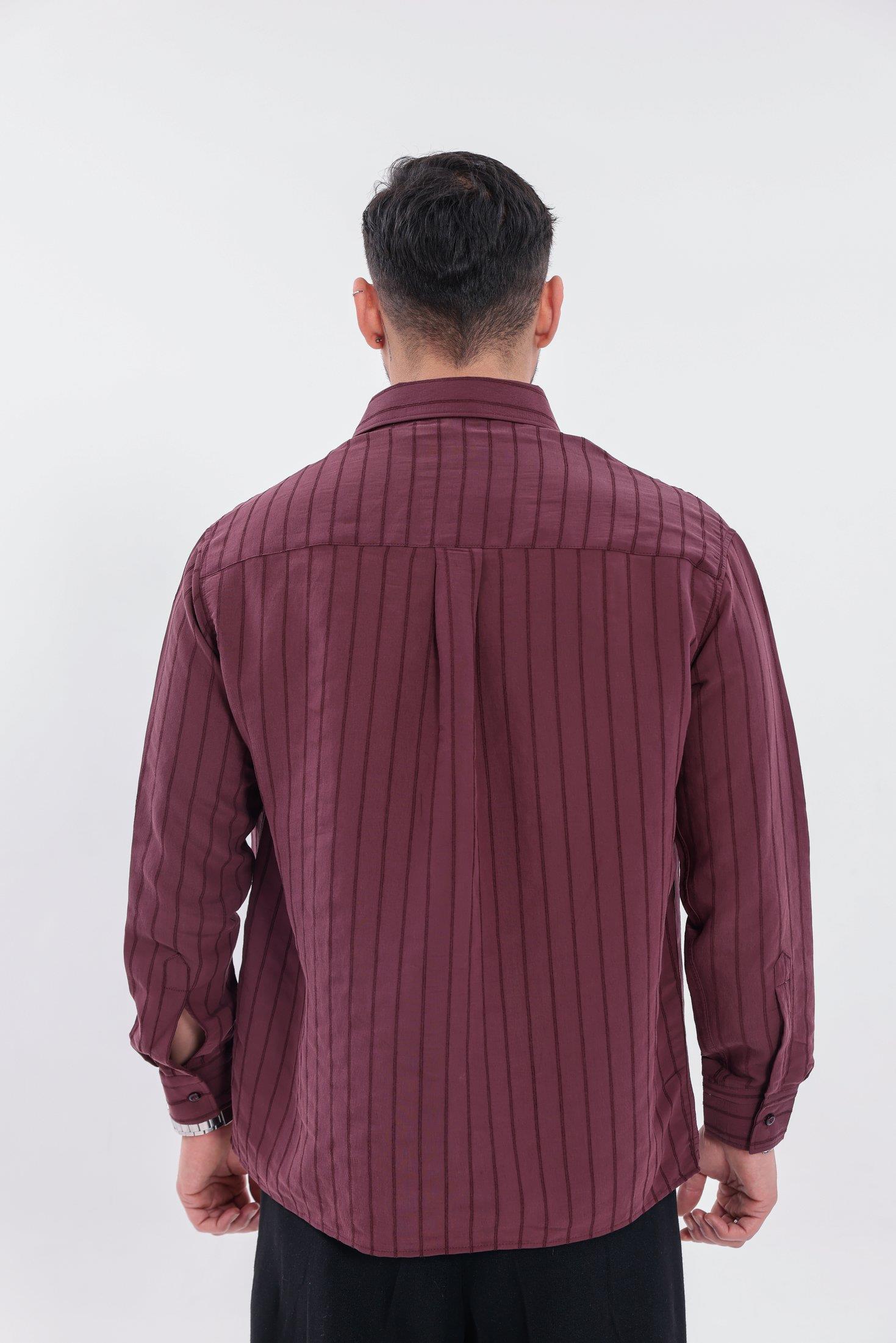 Oversize Çizgili Modal Gömlek Bordo