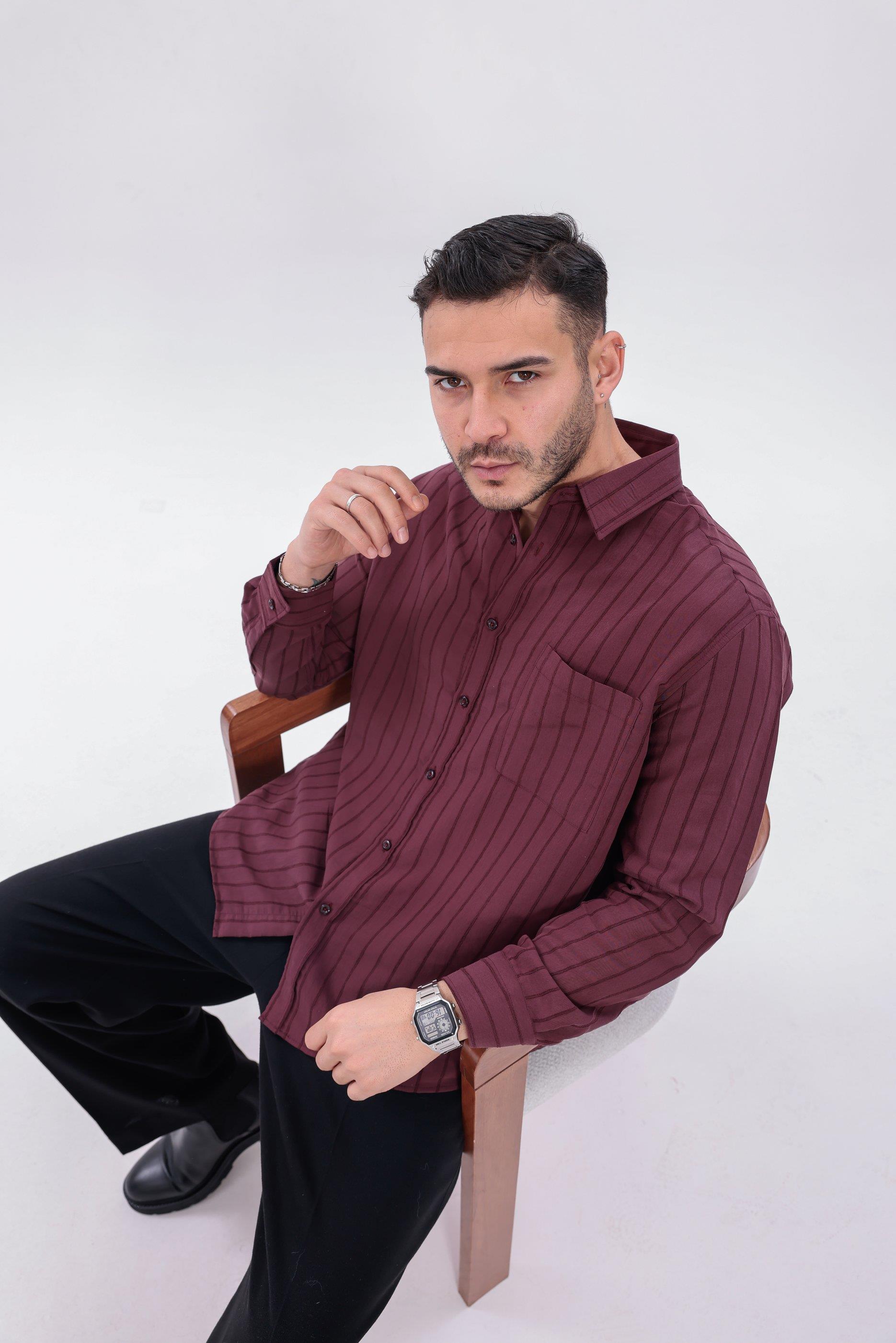 Oversize Çizgili Modal Gömlek Bordo