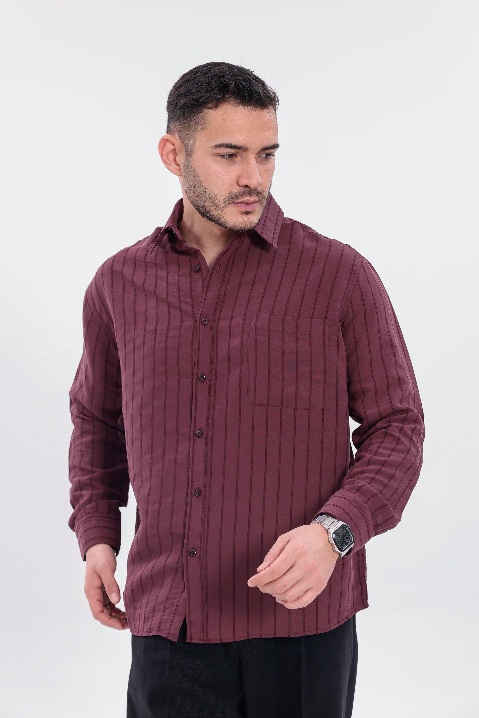 Oversize Çizgili Modal Gömlek Bordo