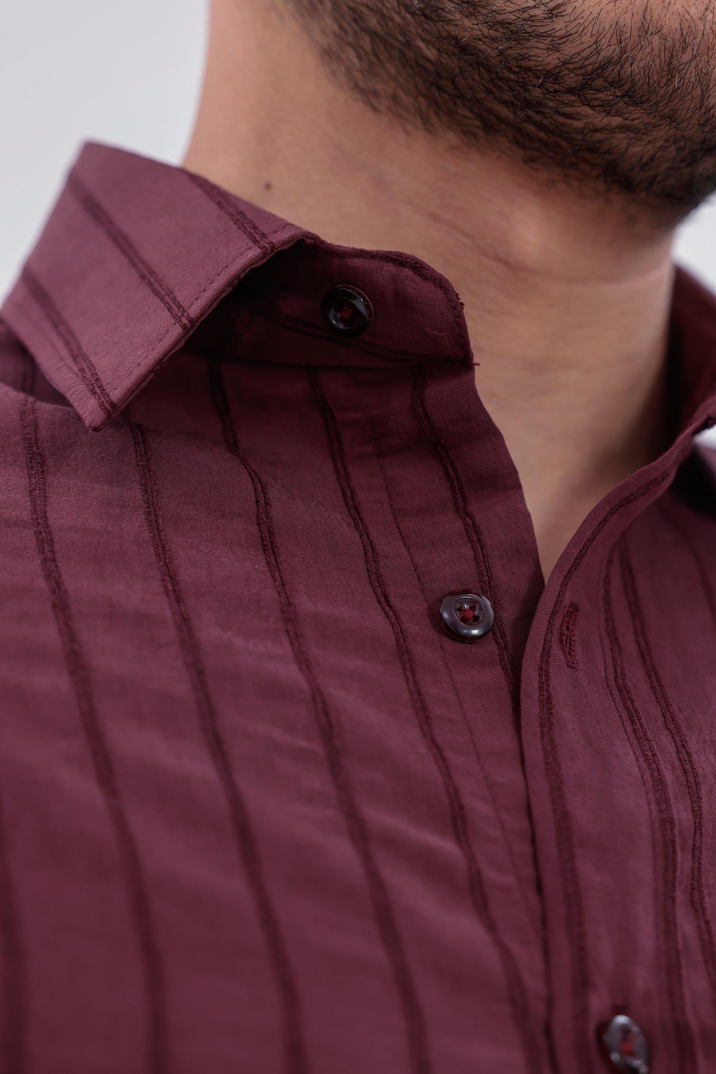 Oversize Çizgili Modal Gömlek Bordo