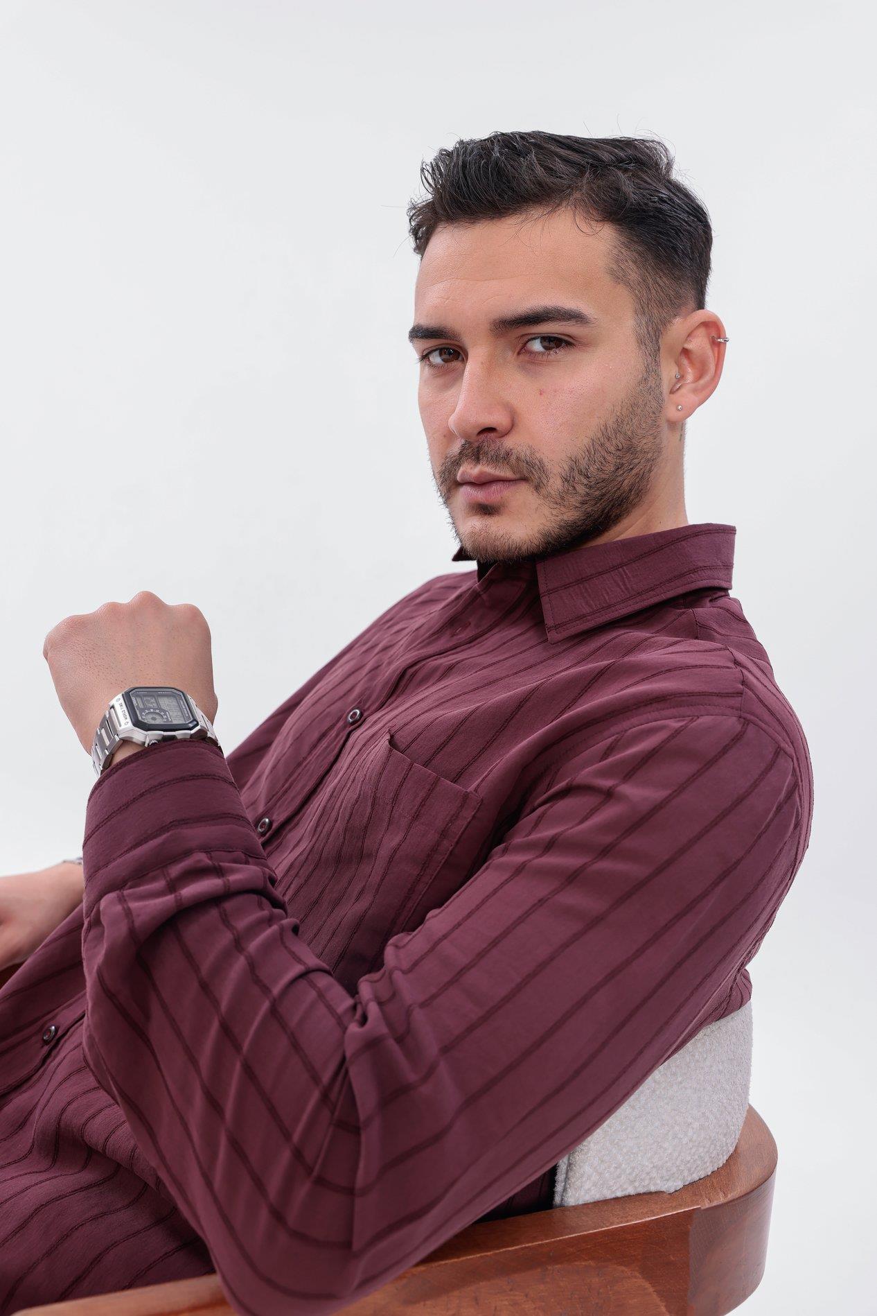 Oversize Çizgili Modal Gömlek Bordo