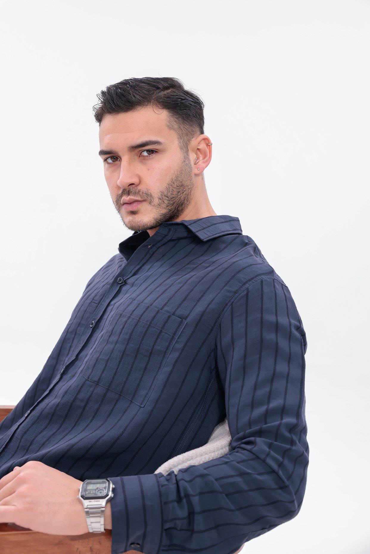 Oversize Çizgili Modal Gömlek Lacivert