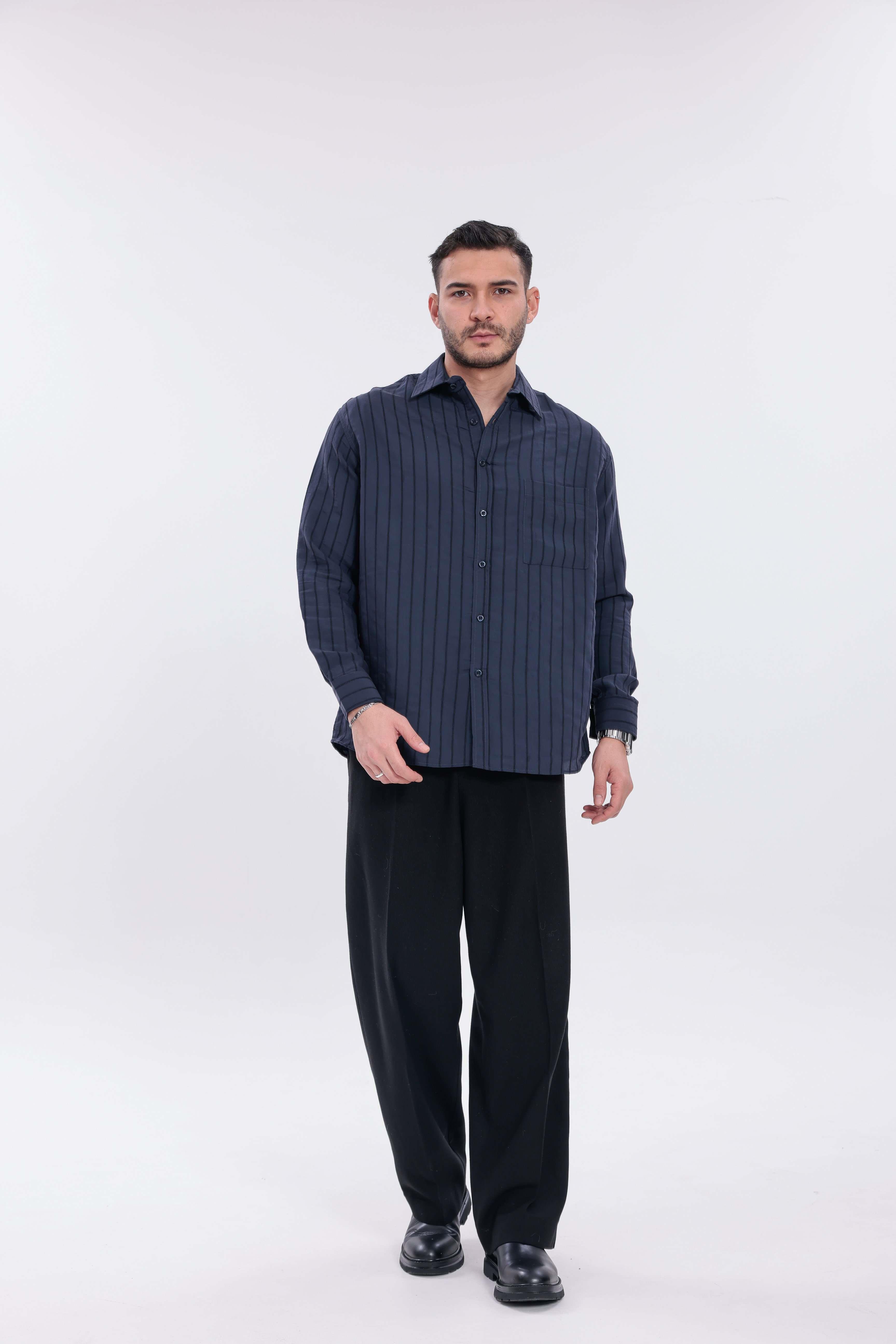 Oversize Çizgili Modal Gömlek Lacivert