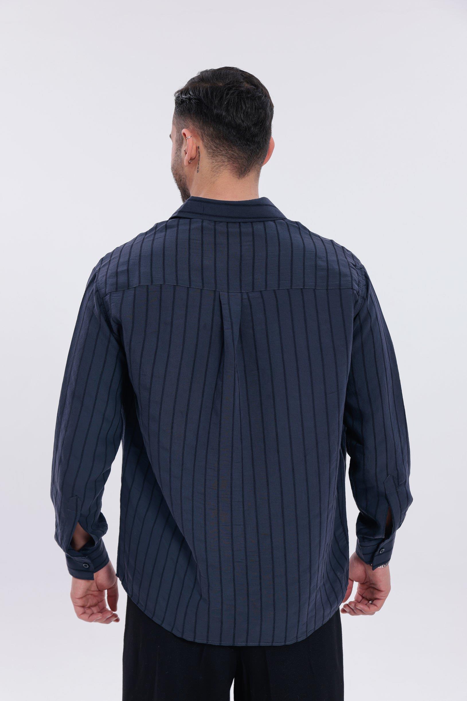 Oversize Çizgili Modal Gömlek Lacivert