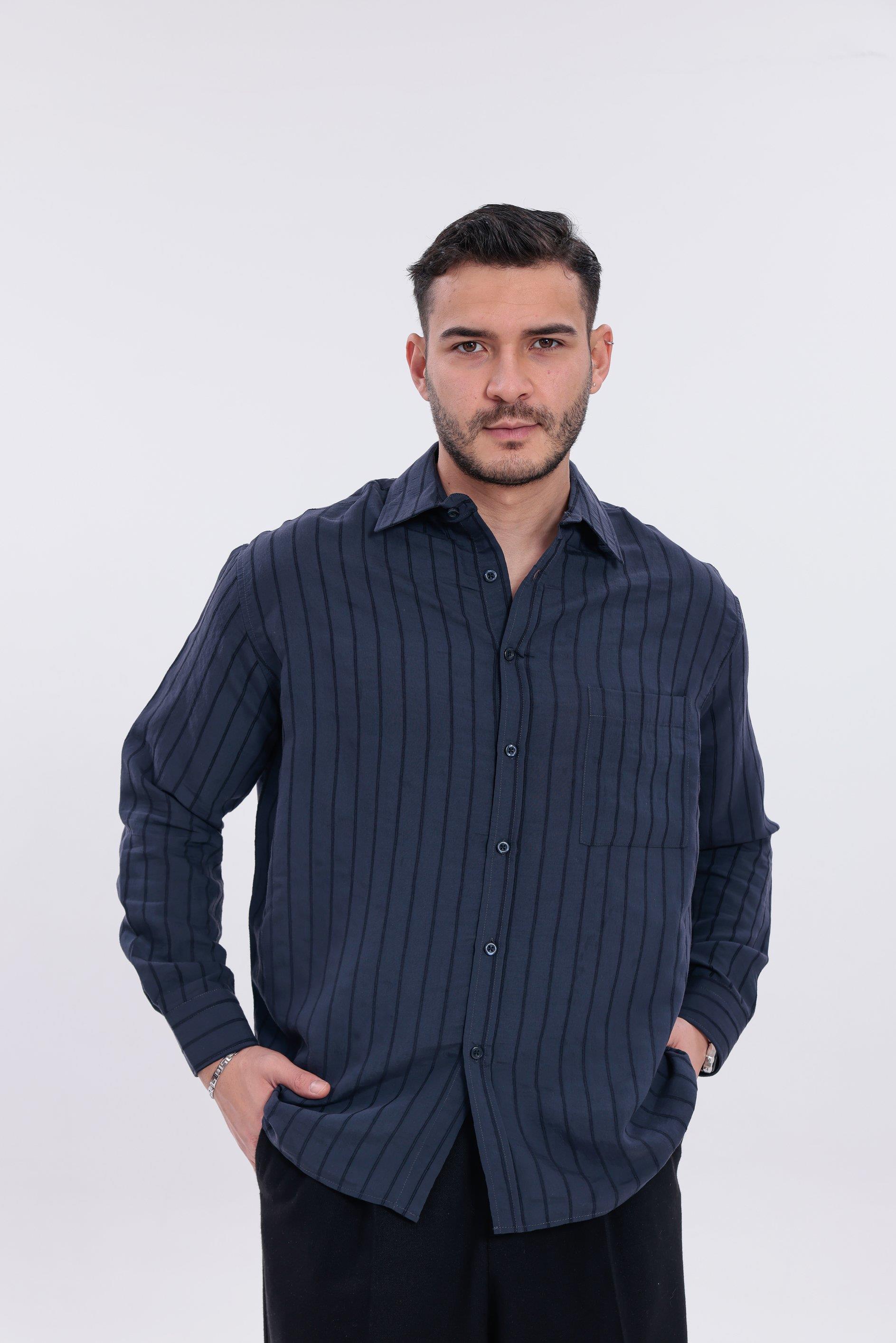 Oversize Çizgili Modal Gömlek Lacivert